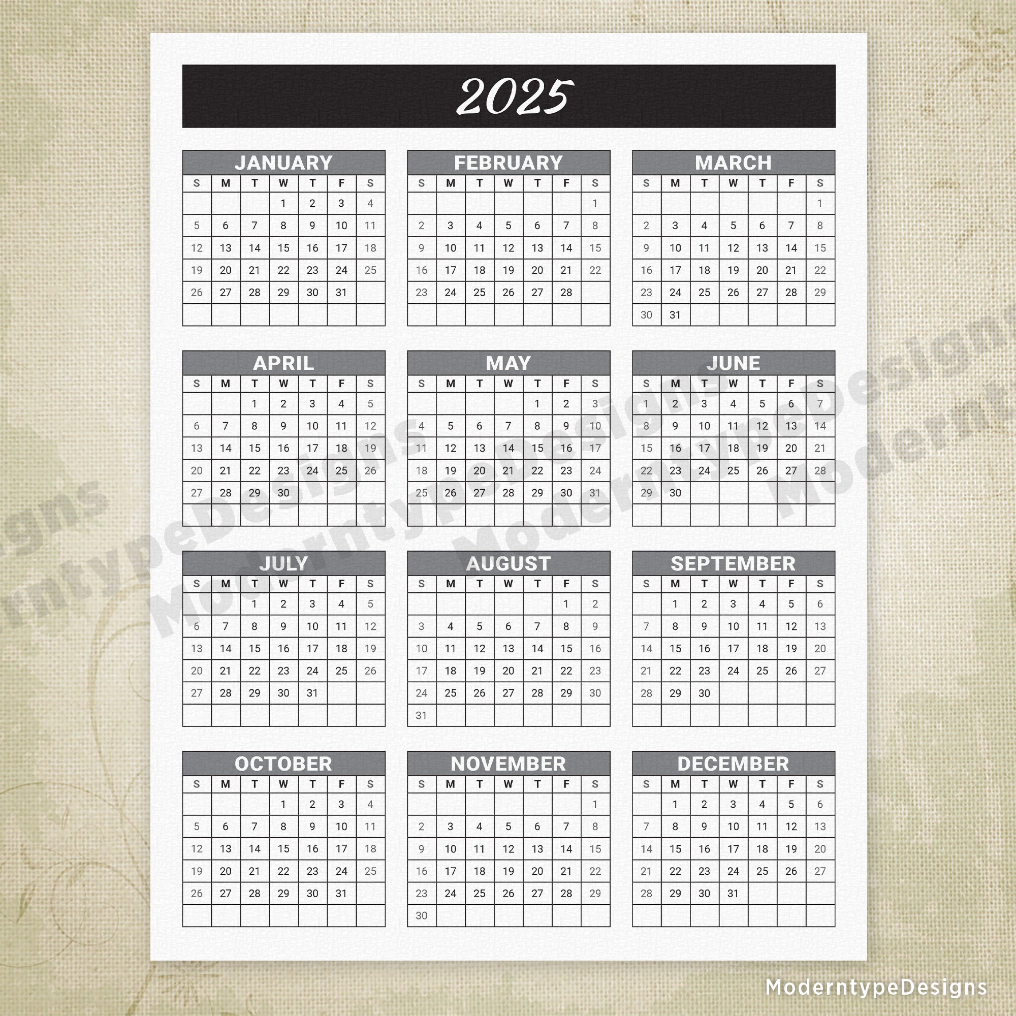 Yearly Printable Calendar Black Header with Grid