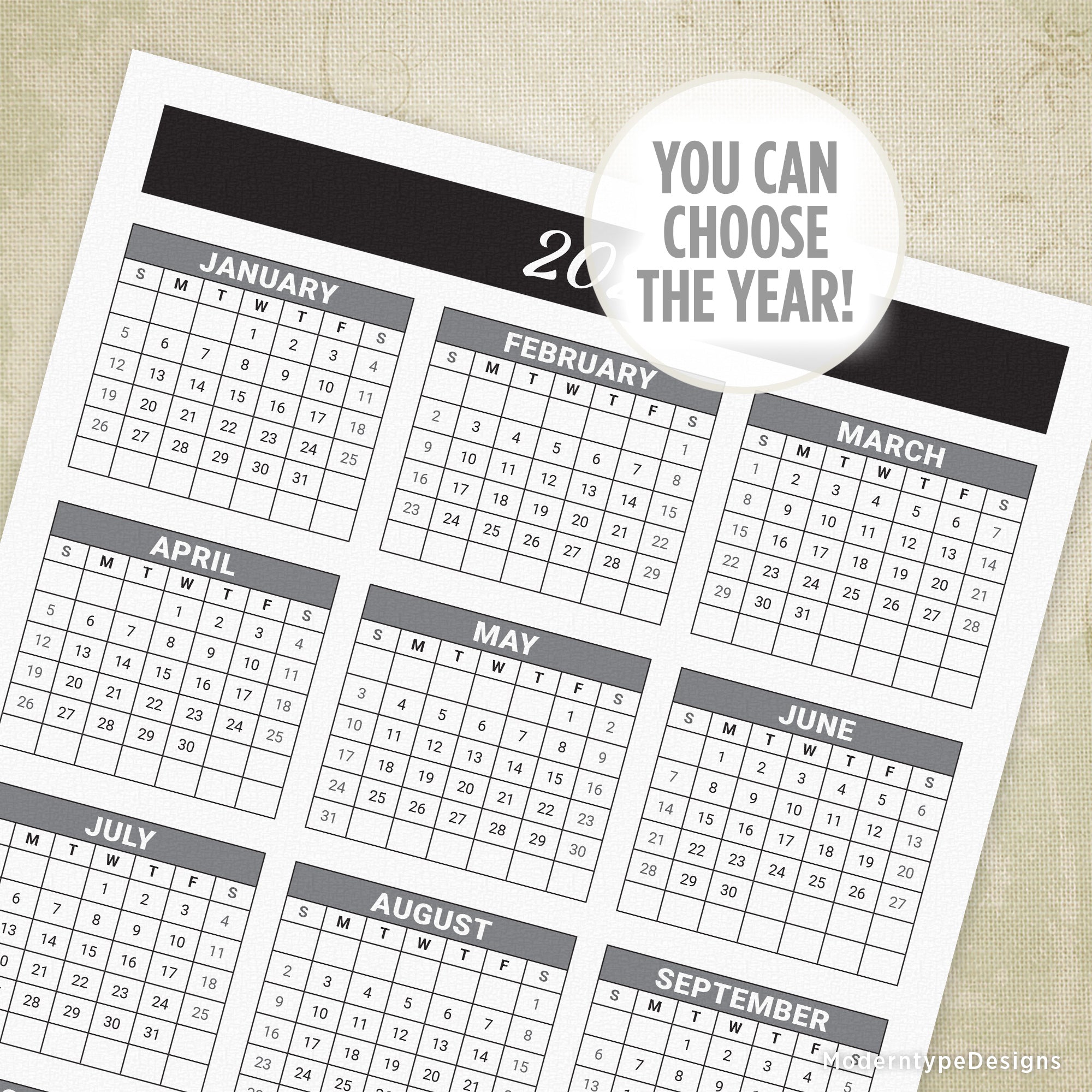 Included on 1 page are 12 months and the year of your choice. Select the year you want to instantly download, then print the PDF on letter-size paper. Months are set up with grid lines for easy viewing.