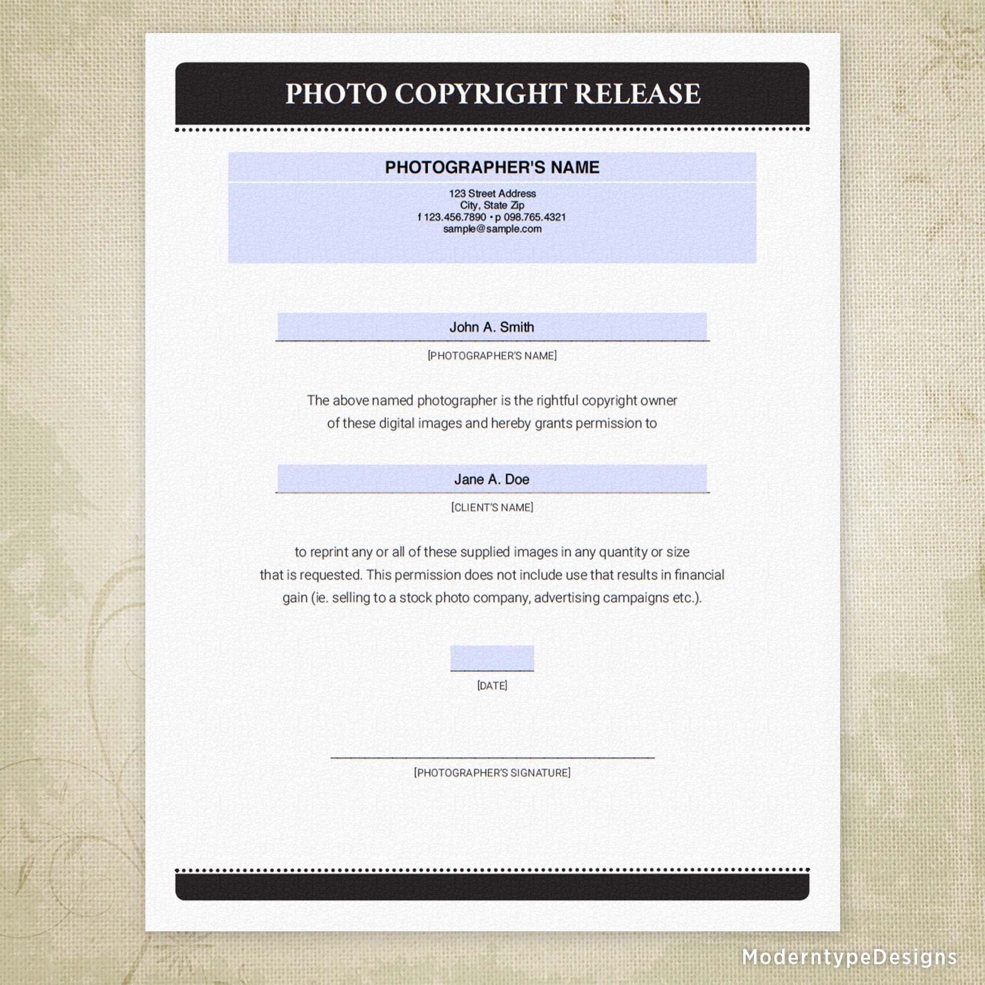 Photo Copyright Print Release Printable Form, Editable