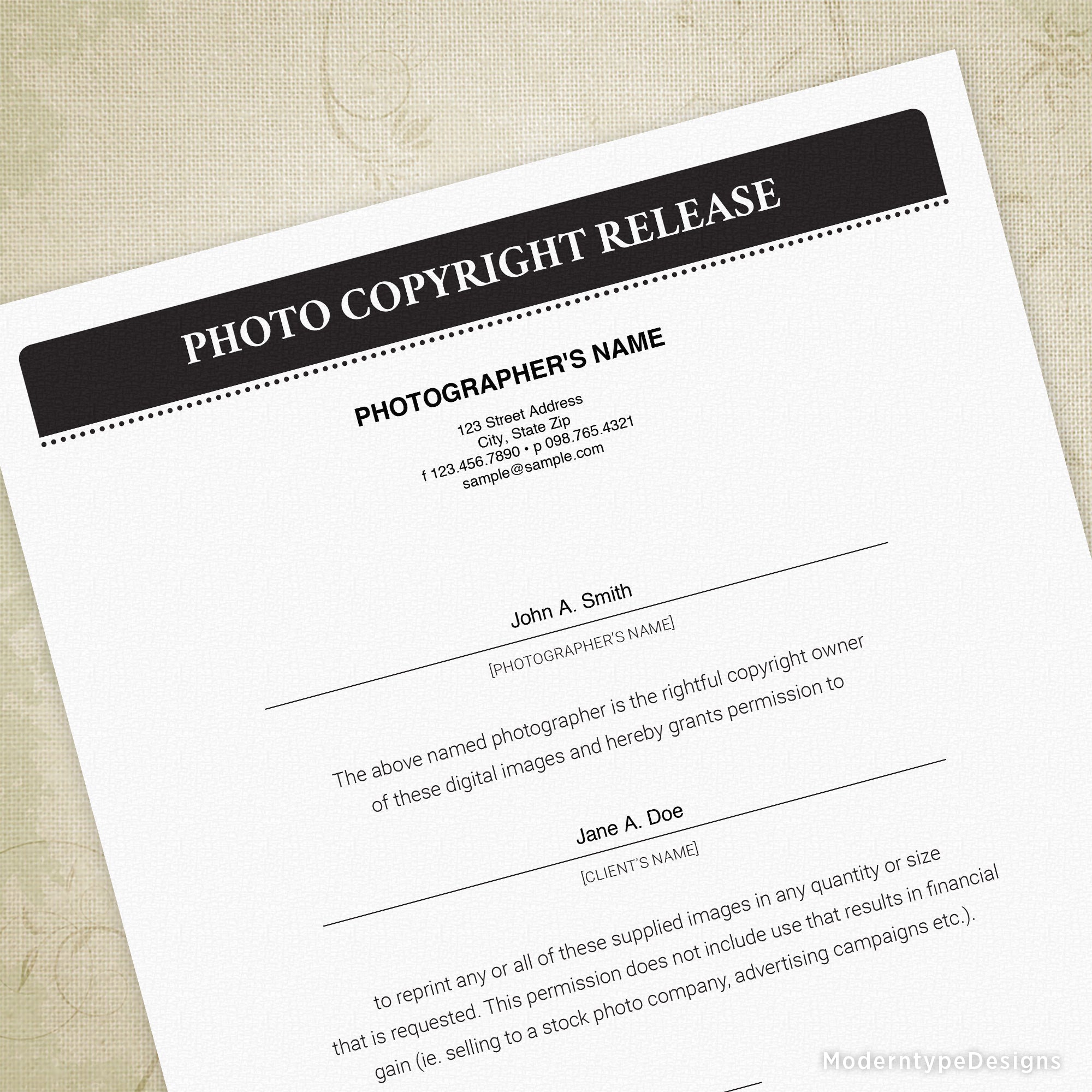 Editable PDF photo copyright release form with a black background and white margins, featuring text and fields for personalization.