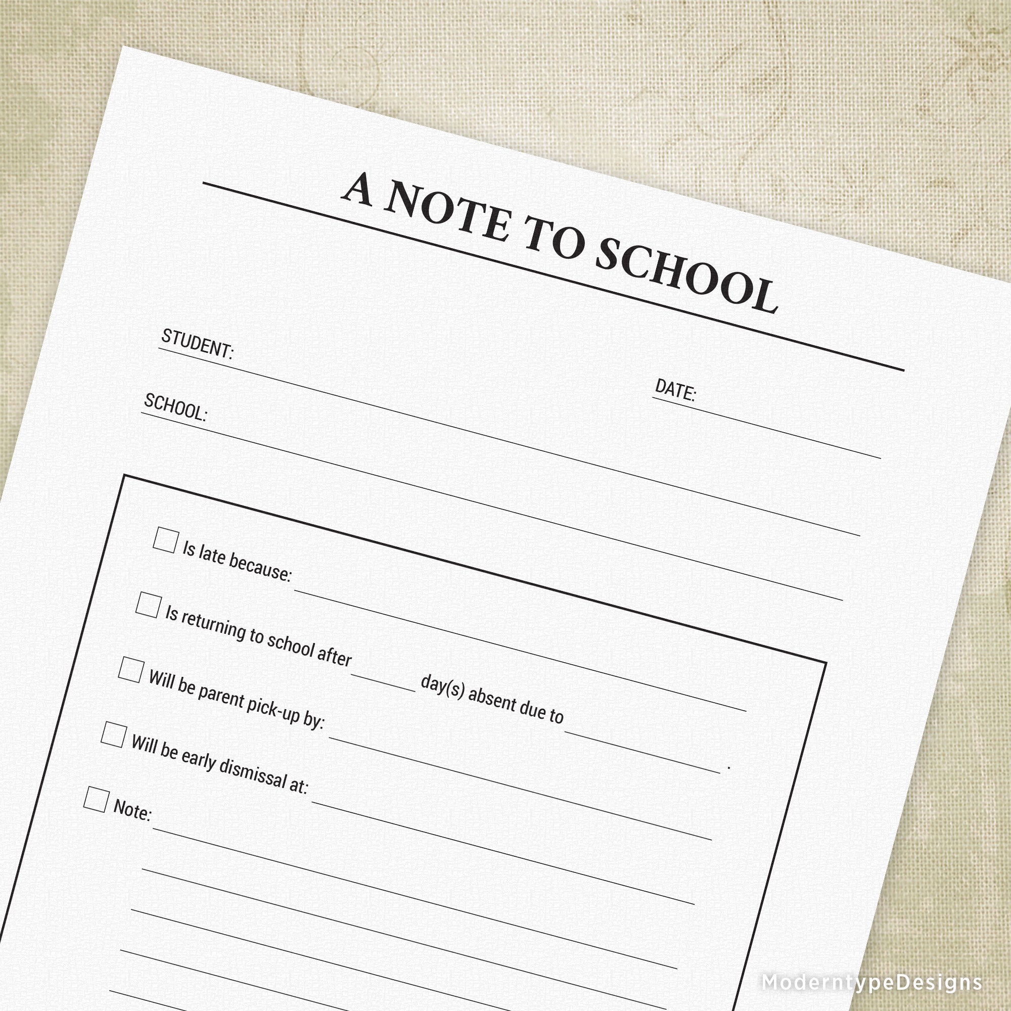 A Note To School Printable