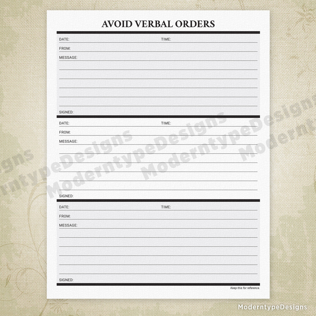 Avoiding Order Avoid Verbal Orders AVO Log Printable