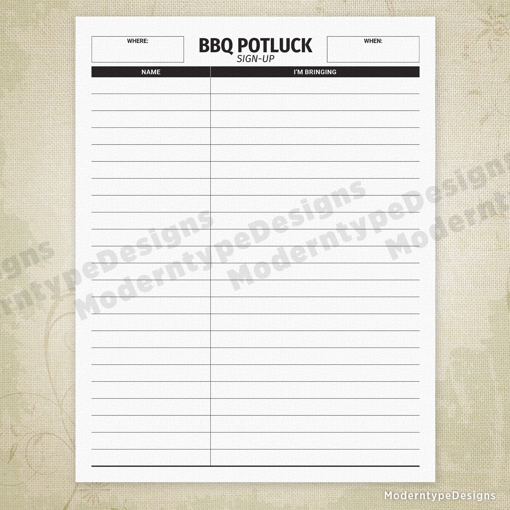 Streamline your next backyard gathering with this professionally designed BBQ Potluck Sign-up Sheet Printable PDF. Perfect for coordinating dishes, beverages, and supplies among guests, this printable template eliminates confusion and ensures a well-balanced menu.