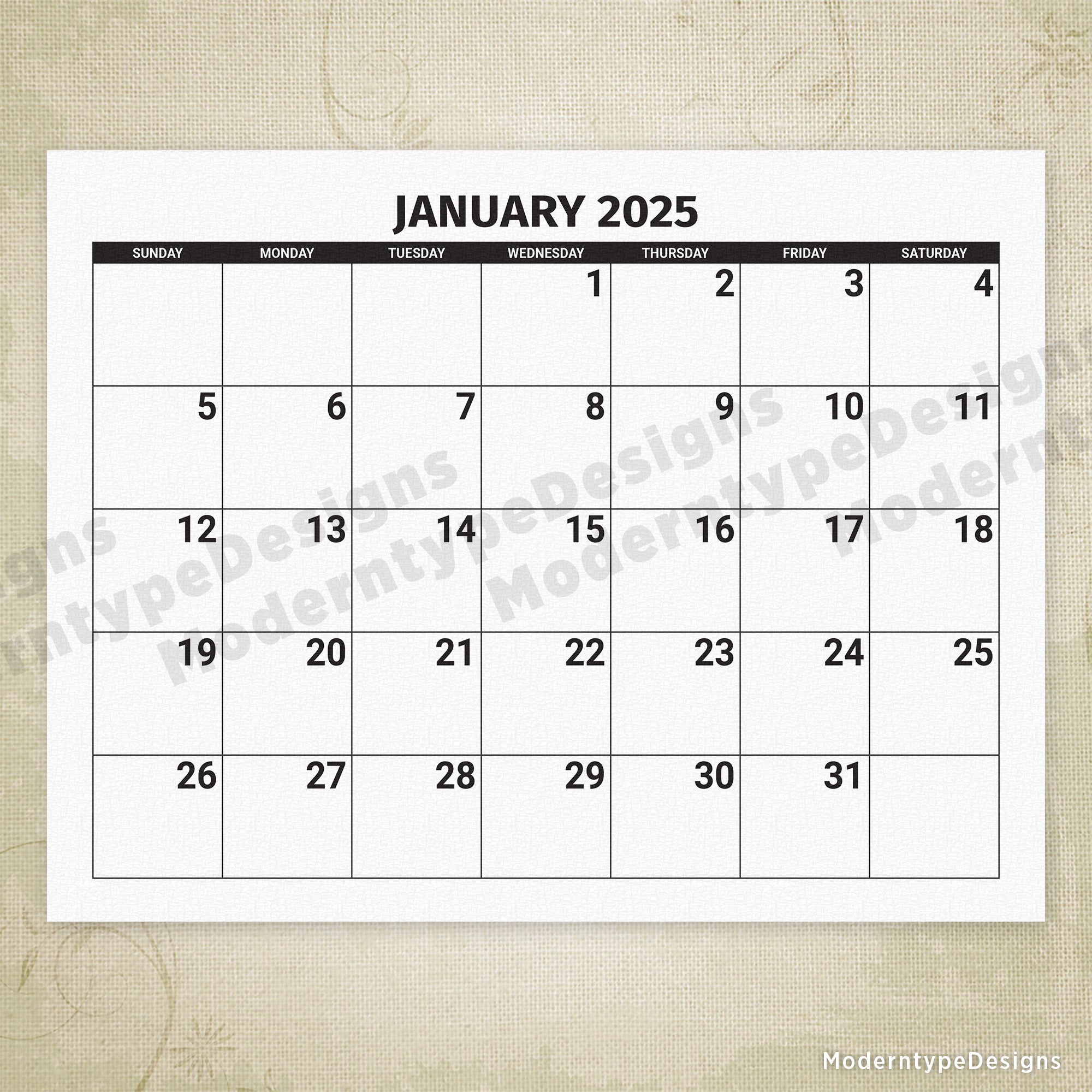 2025 Monthly Printable Calendar (Large Fonts)