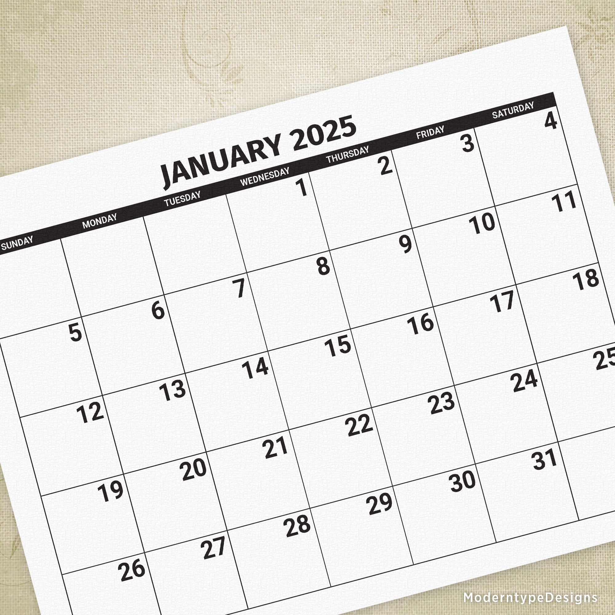 2025 Monthly Printable Calendar (Large Fonts)