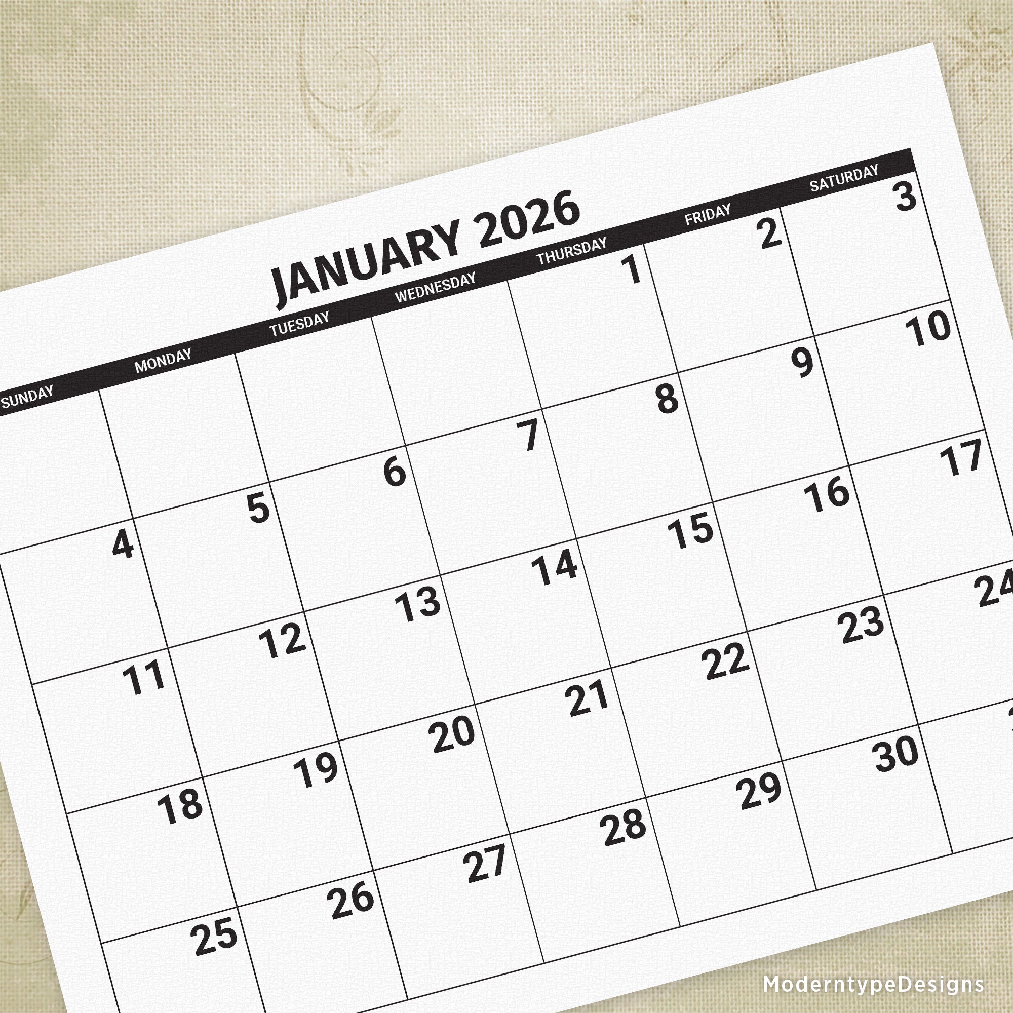 2026 Monthly Printable Calendar (Large Fonts)