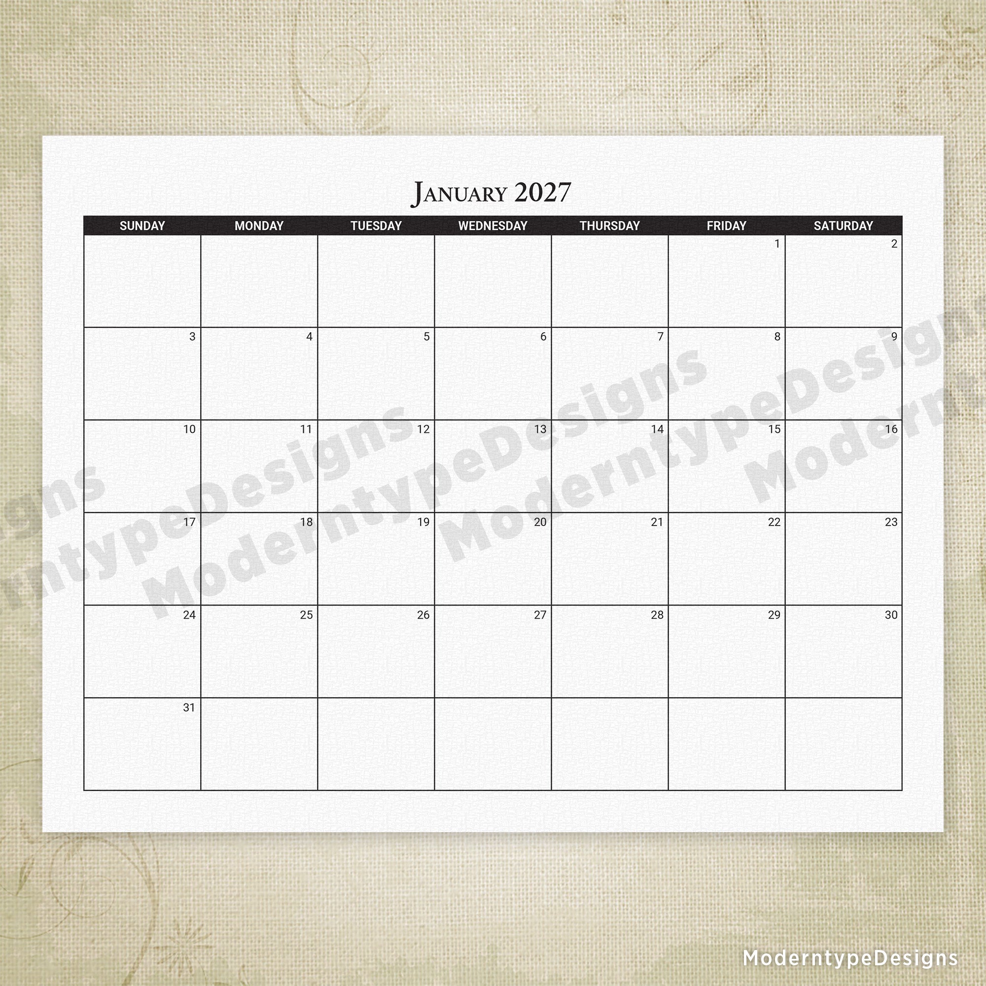 2027 Monthly Printable Calendar