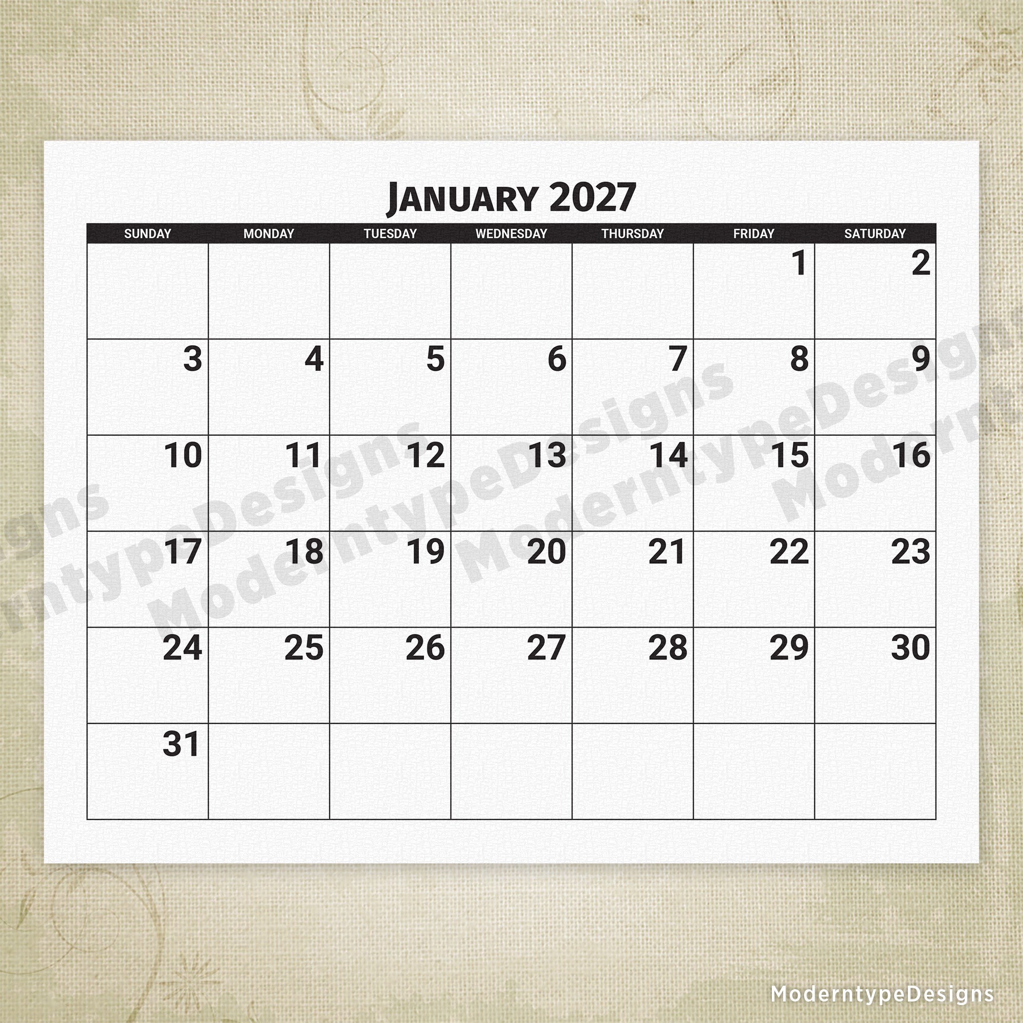 2027 Monthly Printable Calendar (Large Fonts)