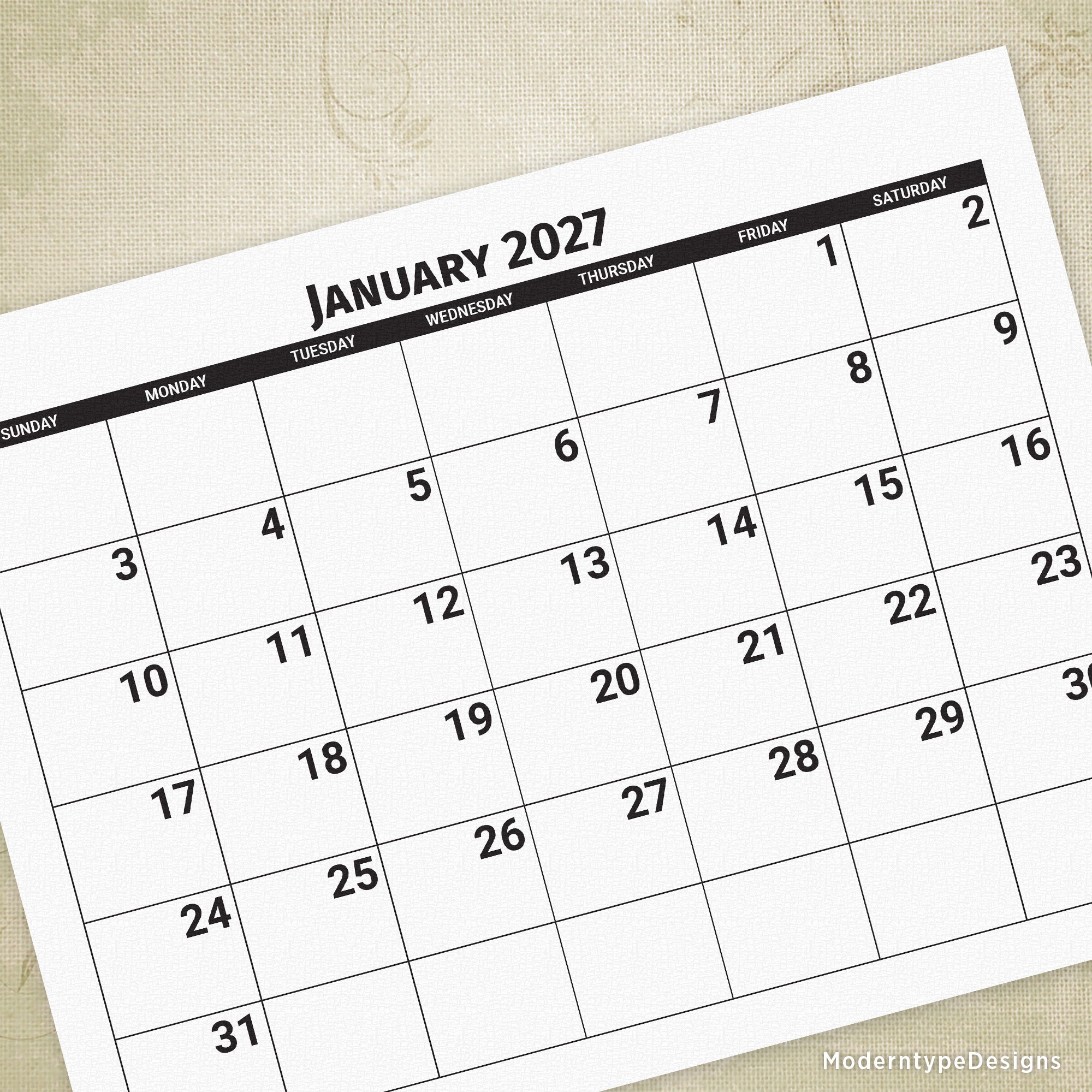 2027 Monthly Printable Calendar (Large Fonts)