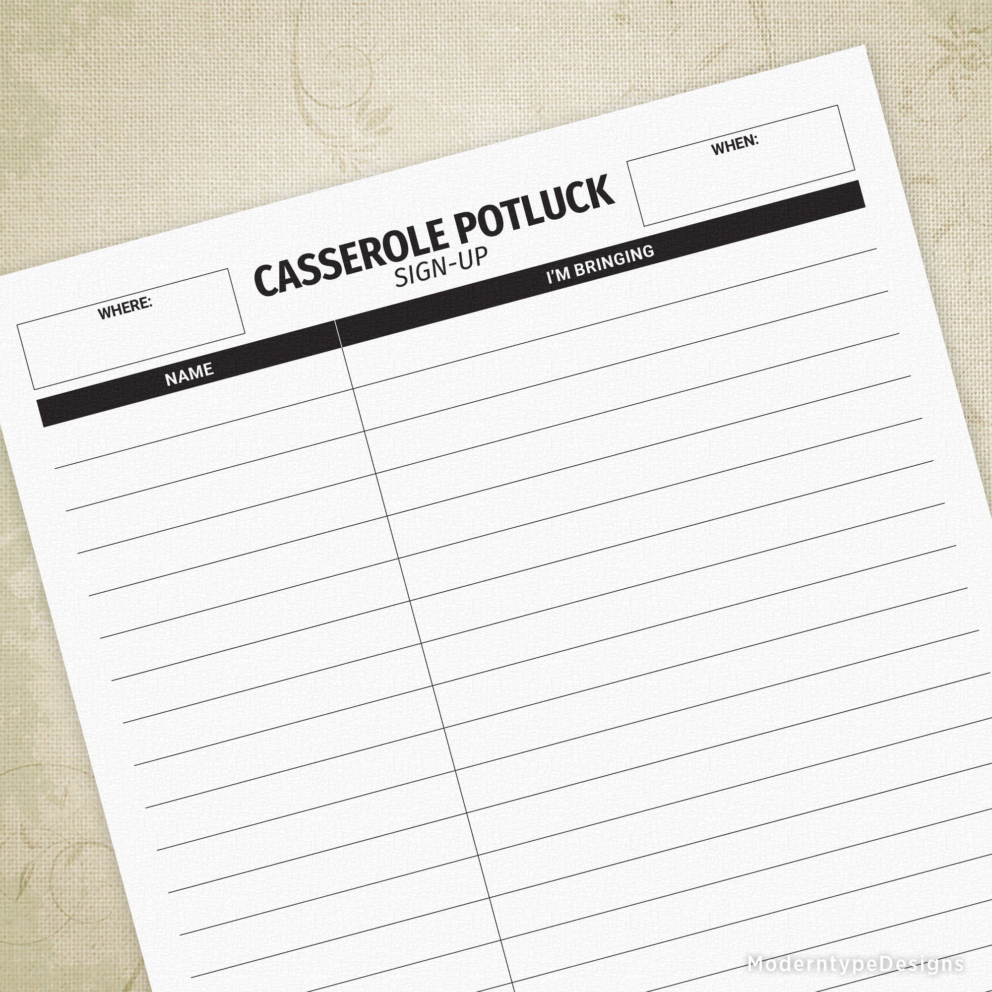 Streamline your event planning with this professionally designed Casserole Potluck Sign-up Sheet Printable PDF. Perfect for corporate gatherings, family reunions, church events, or community fundraisers.