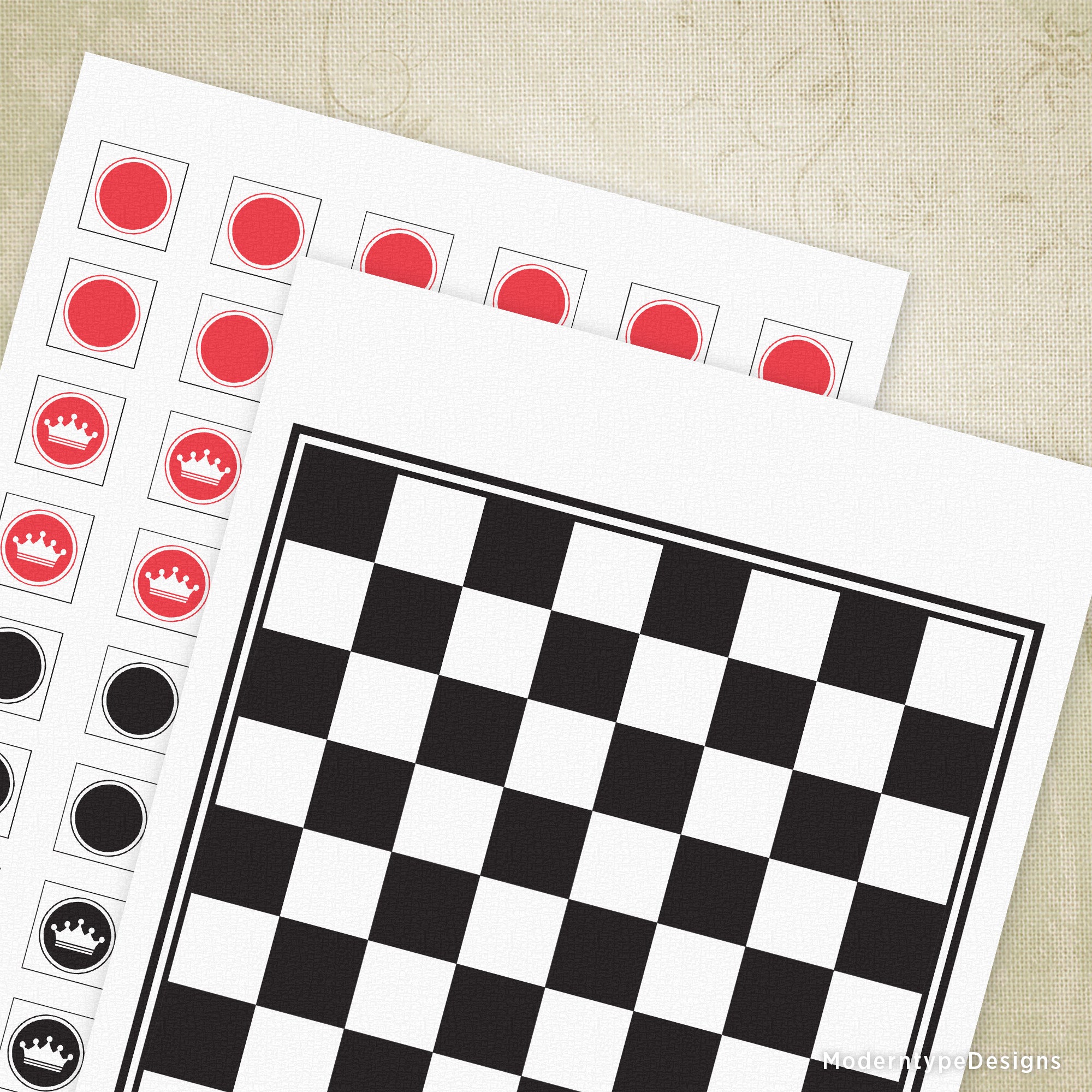 Bring classic strategy gaming to your home with this Checkers with Board Printable PDF set. The package includes a black and white board ready to print, plus red and black checker pieces you can easily cut out yourself. Kings are included for advanced gameplay.