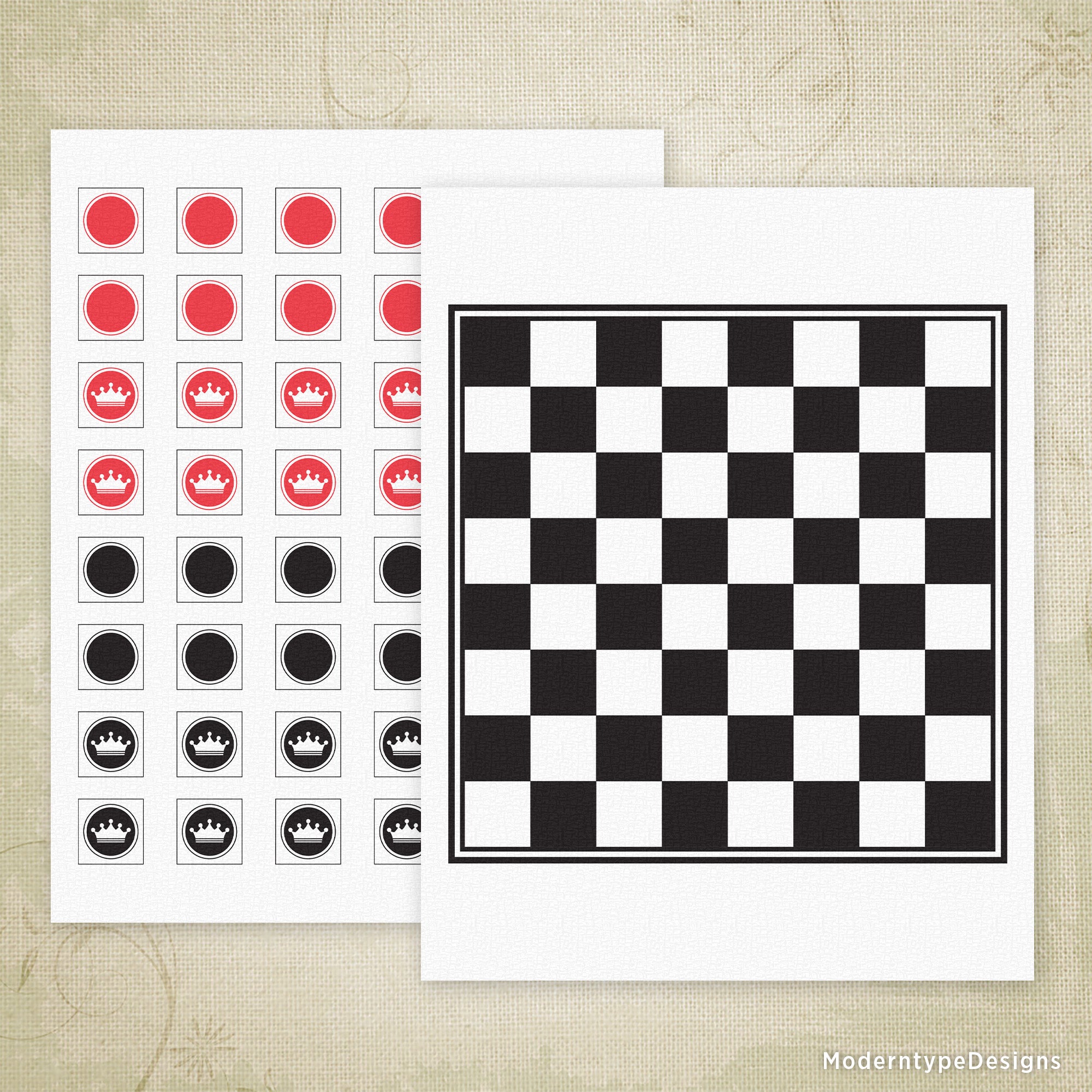Sheet of stickers with red, black, and white designs on a beige textured background