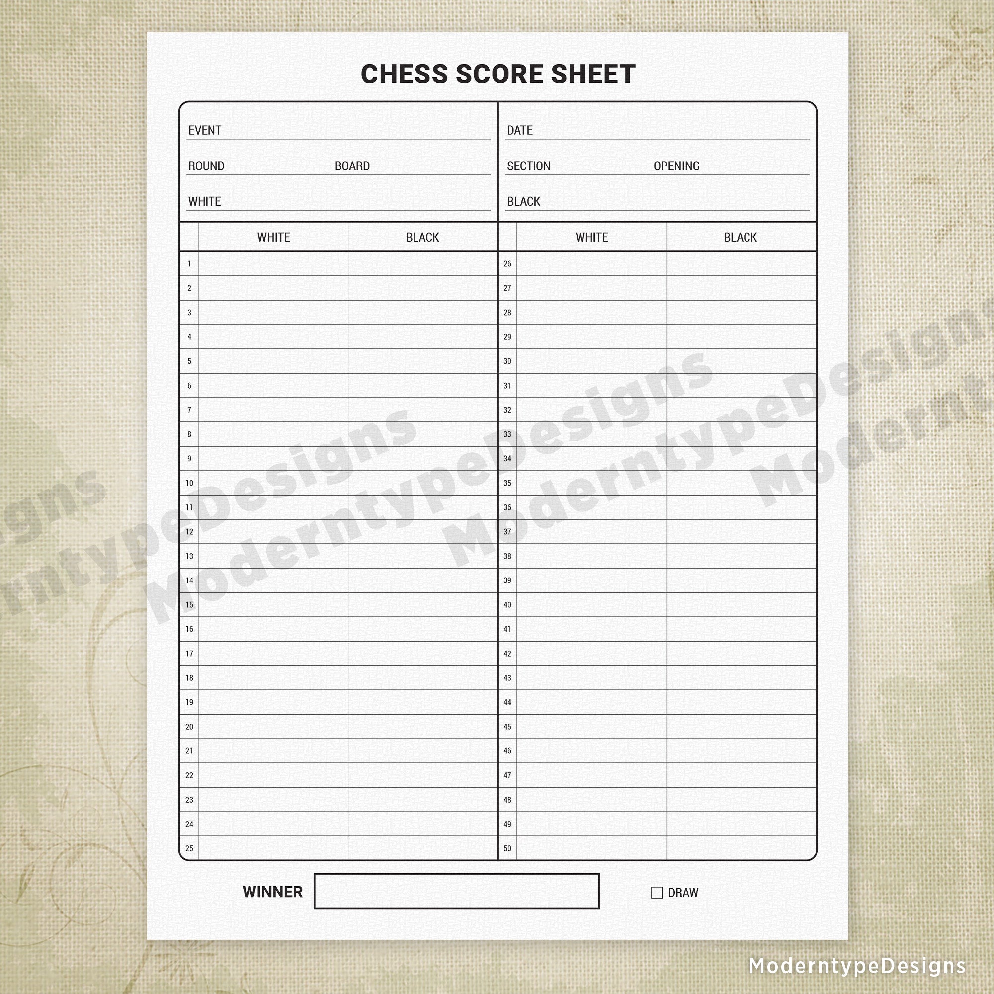 Chess Score Sheet Printable Form