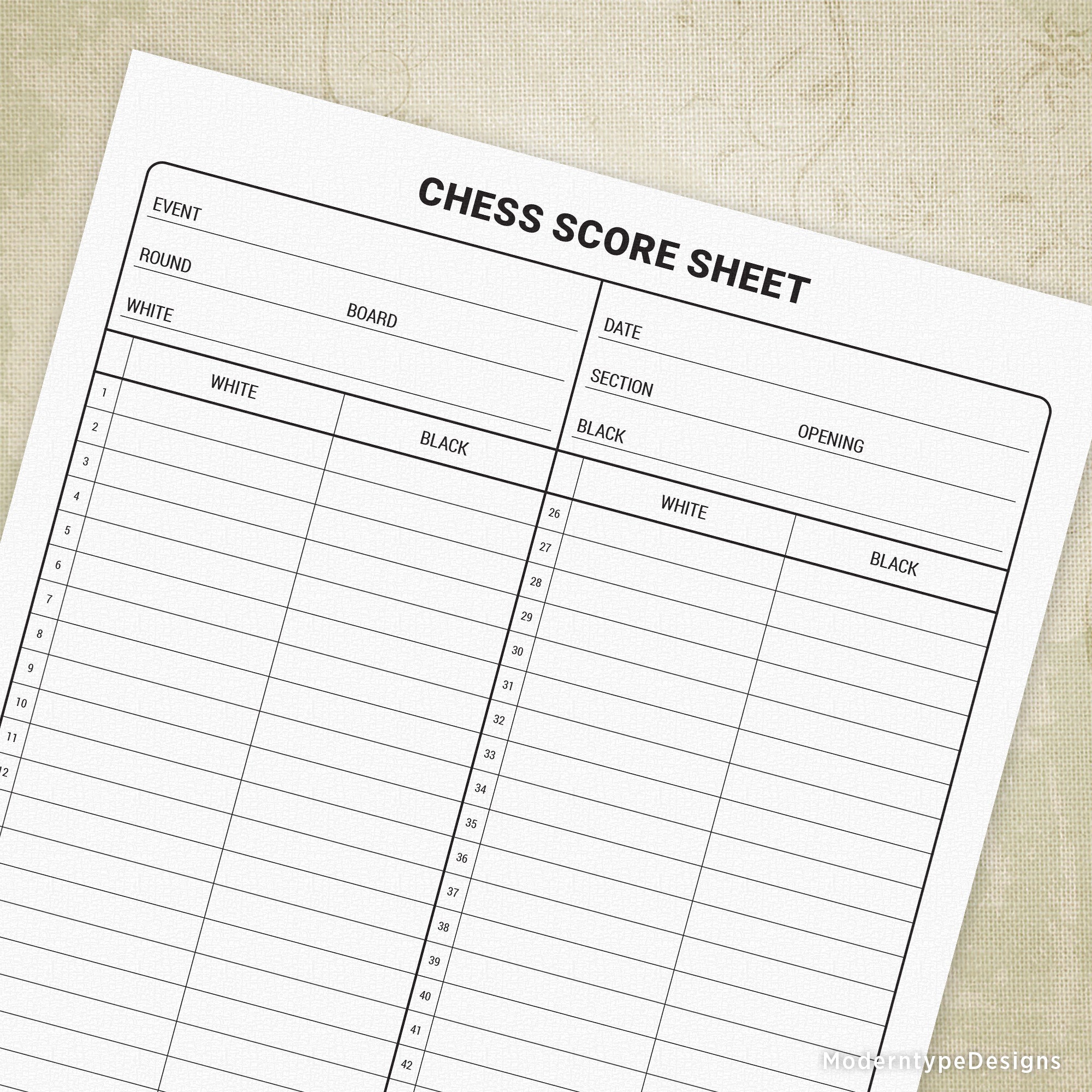 Chess Score Sheet Printable Form