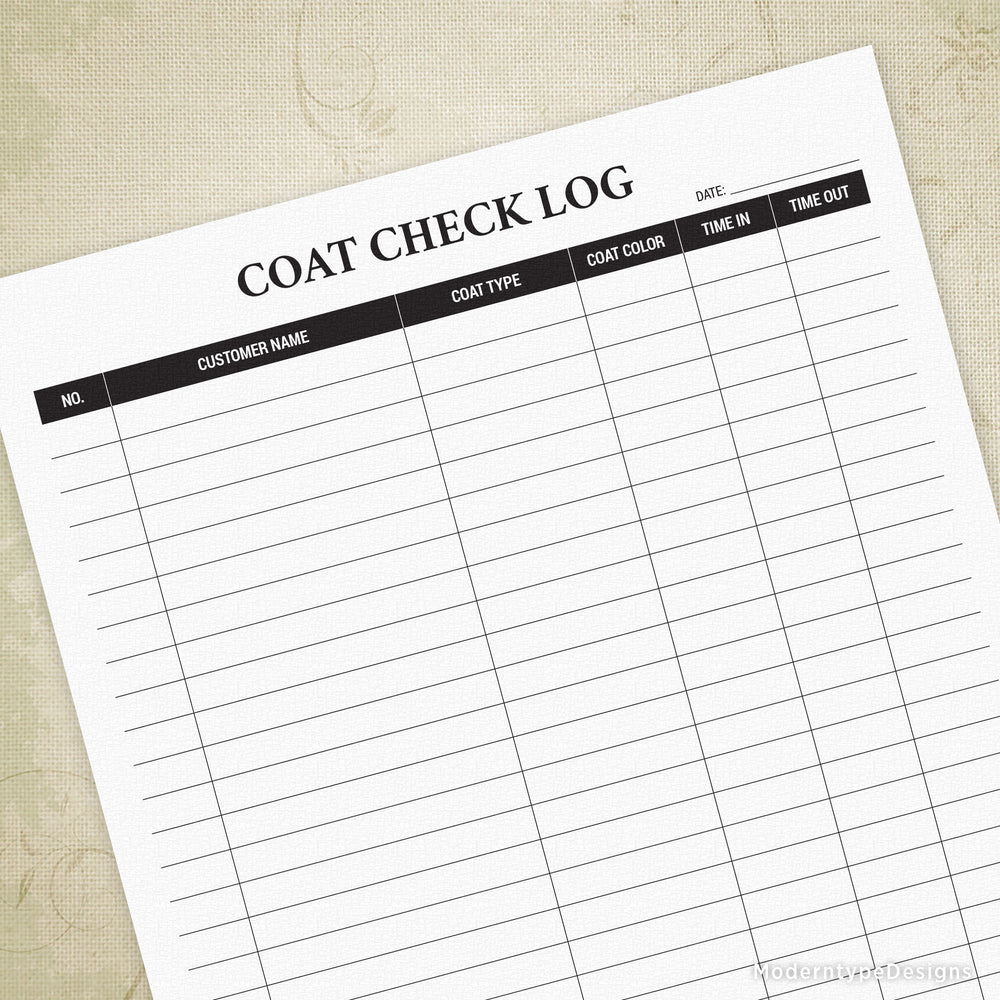Coat Check Log Printable
