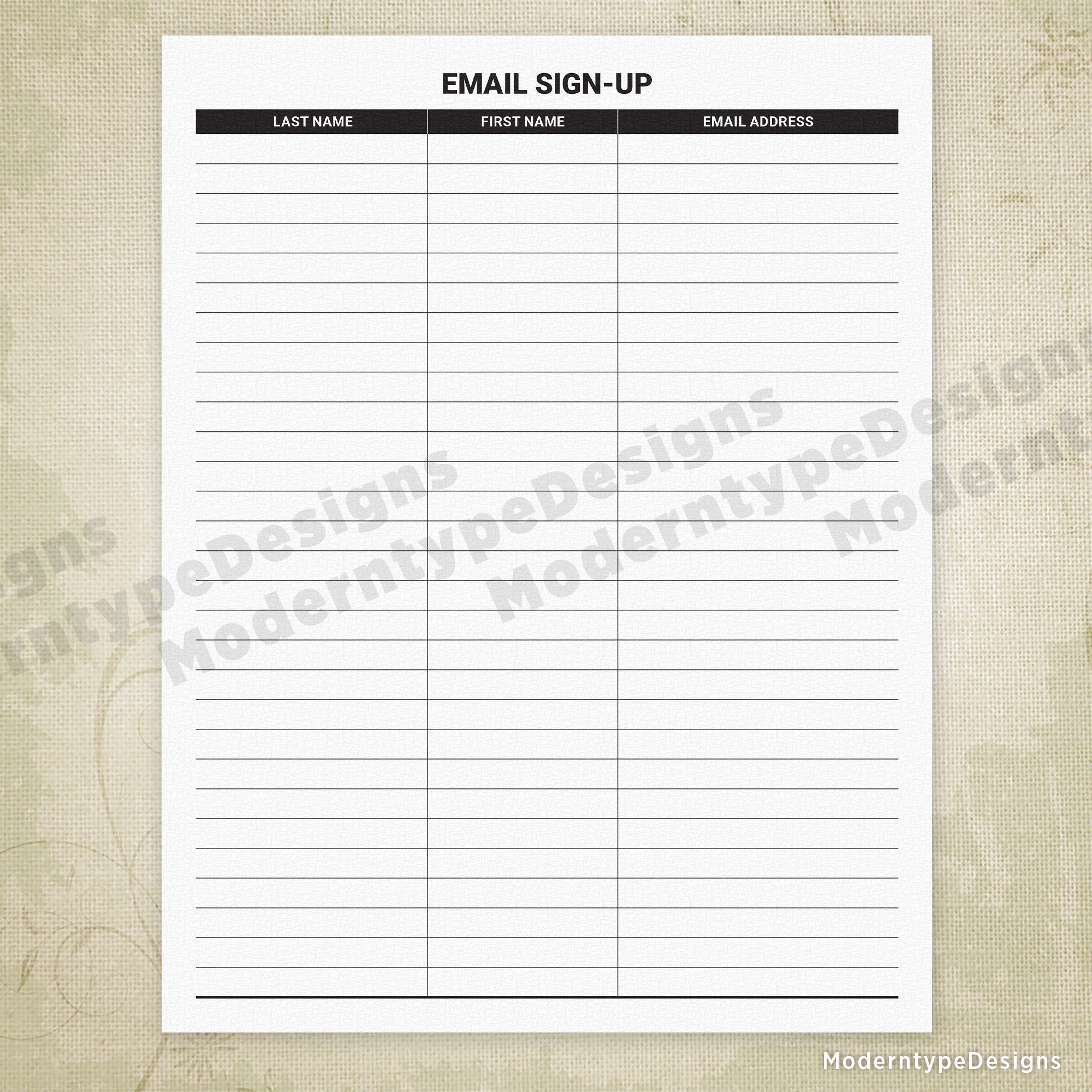 This is an Email Sign-up Printable PDF Form. A great email address tracker for small businesses, conferences, realtors, and anyone looking for new clients or volunteers. Capture names and email addresses easily and professionally with this form.