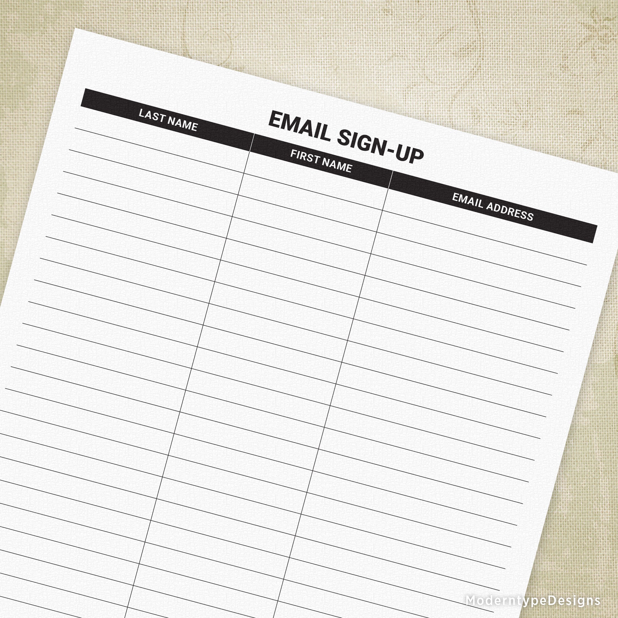 This is an Email Sign-up Printable PDF Form. A great email address tracker for small businesses, conferences, realtors, and anyone looking for new clients or volunteers. Capture names and email addresses easily and professionally with this form.