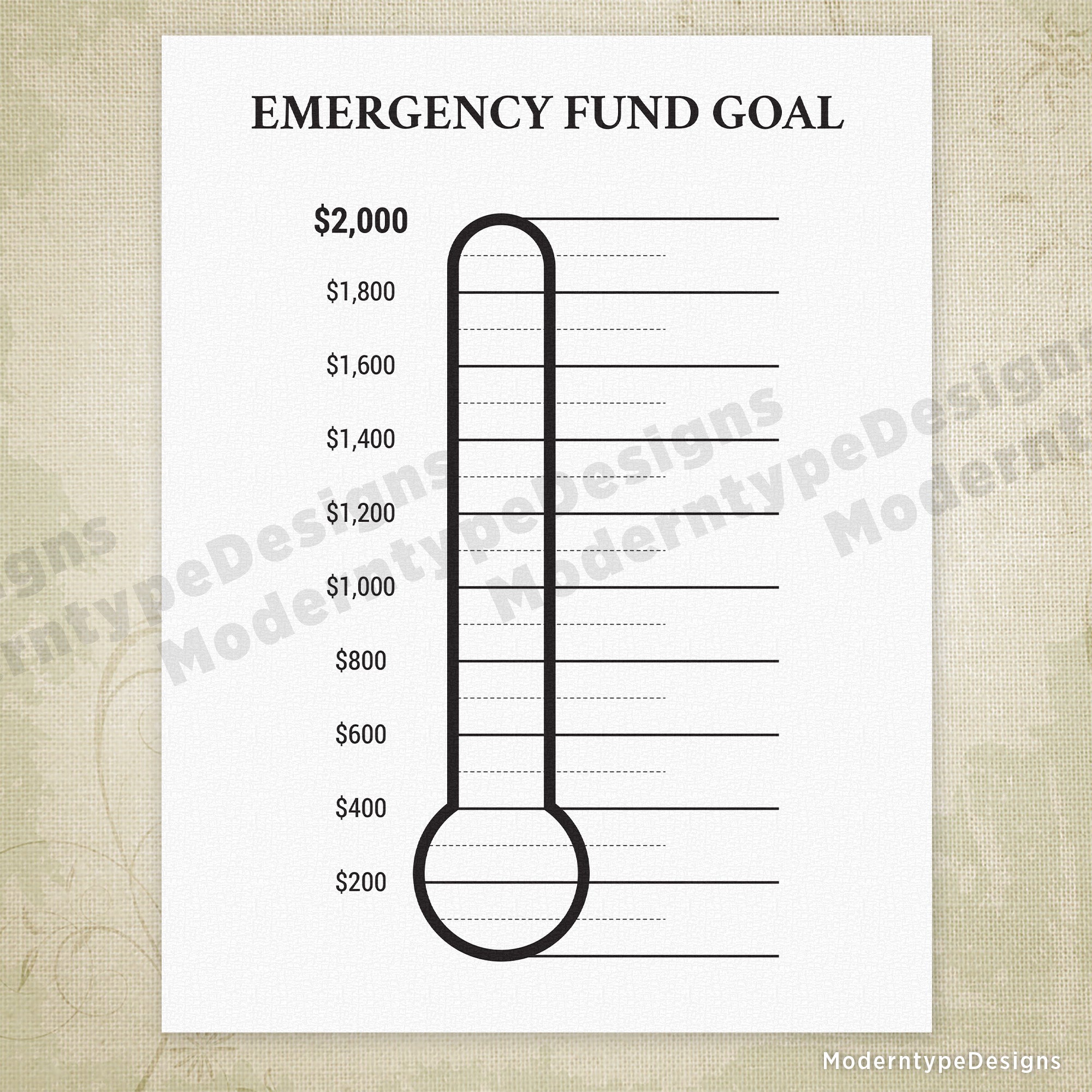 Emergency Fund Goal Printable, $2,000