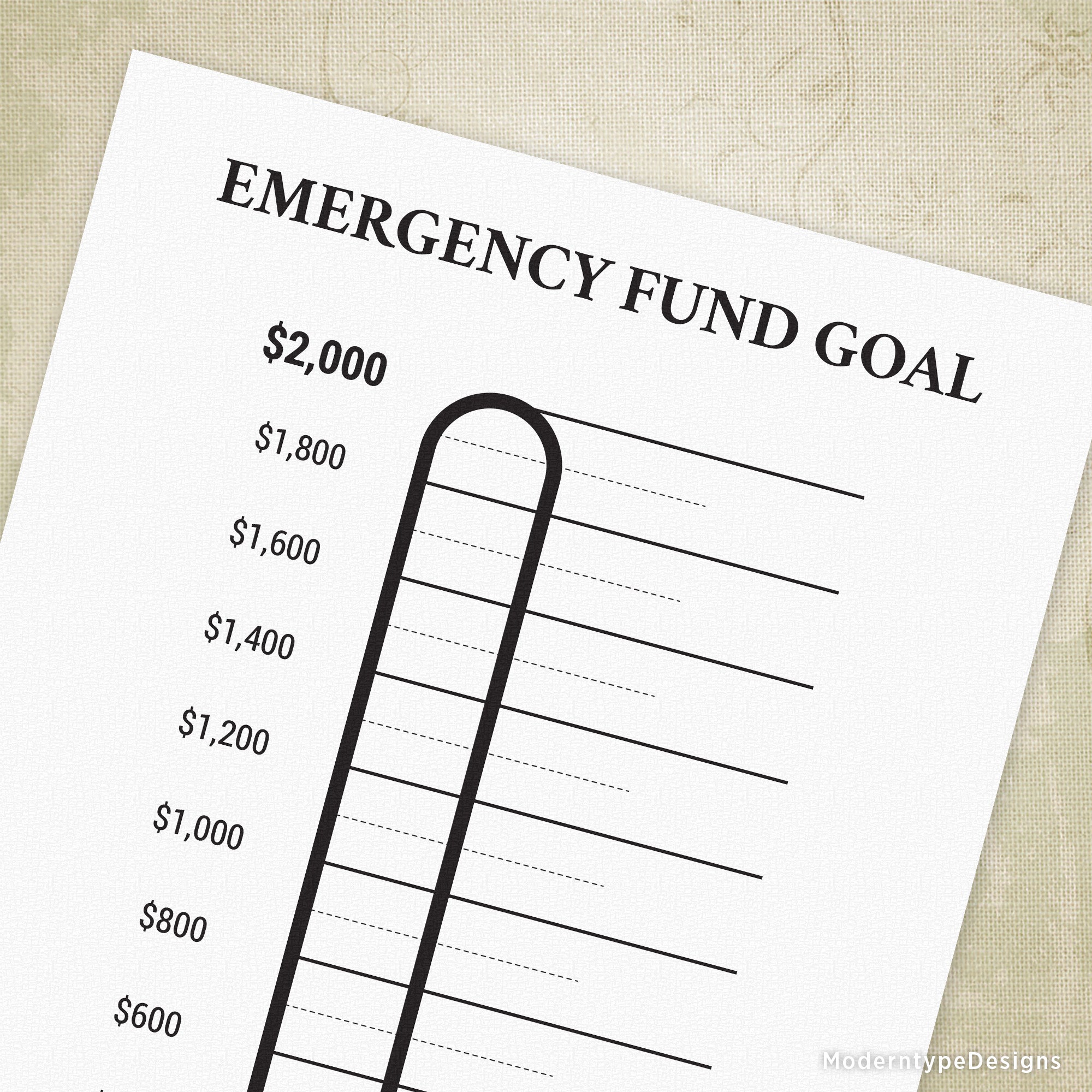 Tracking your $2,000 emergency fund is simple and motivating with this Emergency Fund Goal Printable PDF. Featuring a clear thermometer scale, it visually represents your progress toward your financial safety net.