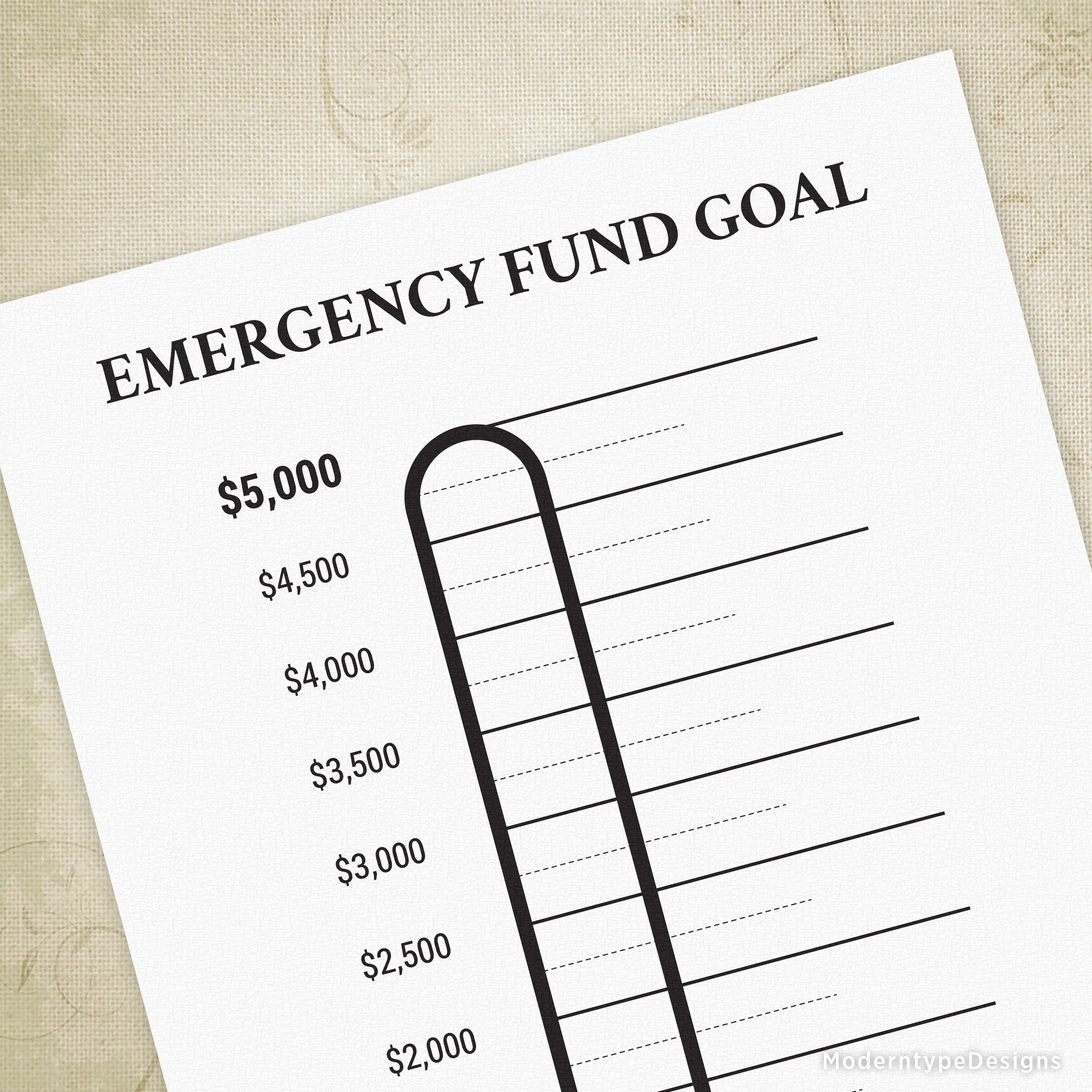 Tracking your $5,000 emergency fund is simple and motivating with this Emergency Fund Goal Printable PDF. Featuring a clear thermometer scale, it visually represents your progress toward your financial safety net.