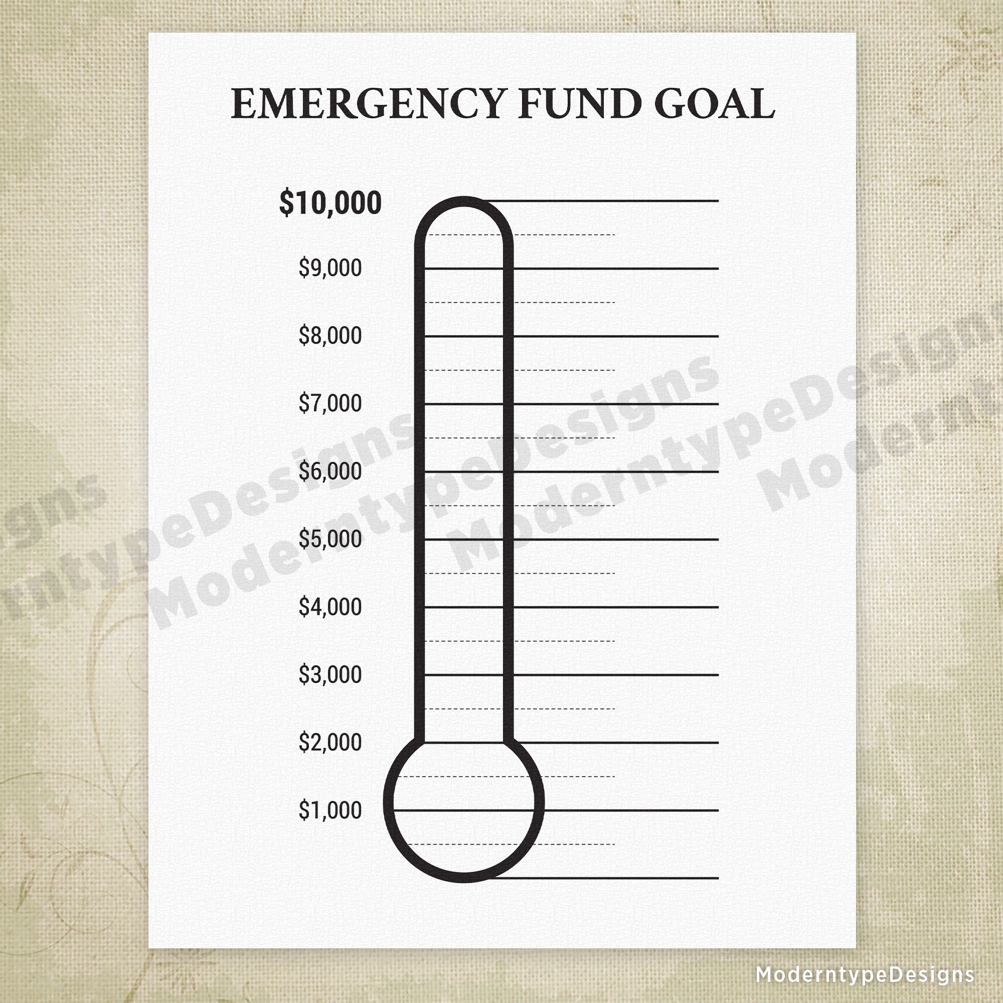 Emergency Fund Goal Printable, $10,000
