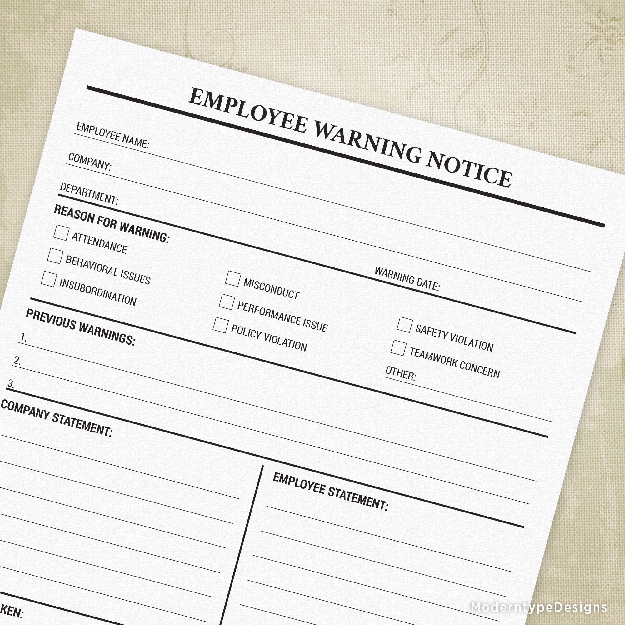 The Employee Warning Notice Printable PDF is a professional and straightforward form designed to document employee behavior issues and outline any corrective actions taken.