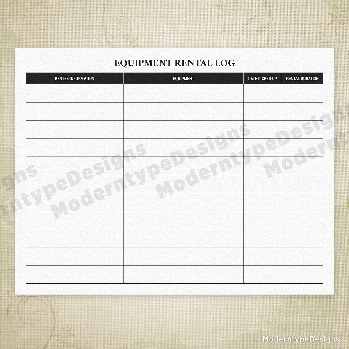 Equipment Rental Log Printable