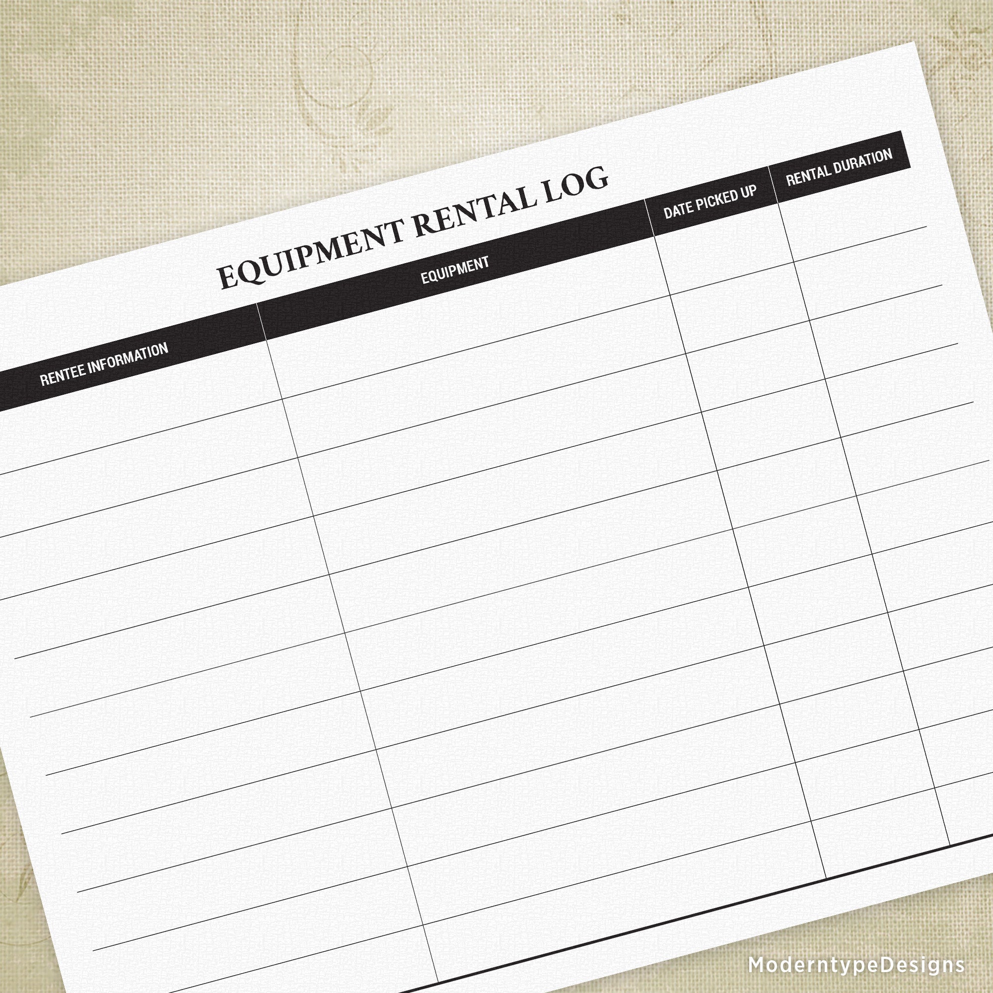 Tool Rental Log Equipment Rental Log Printable