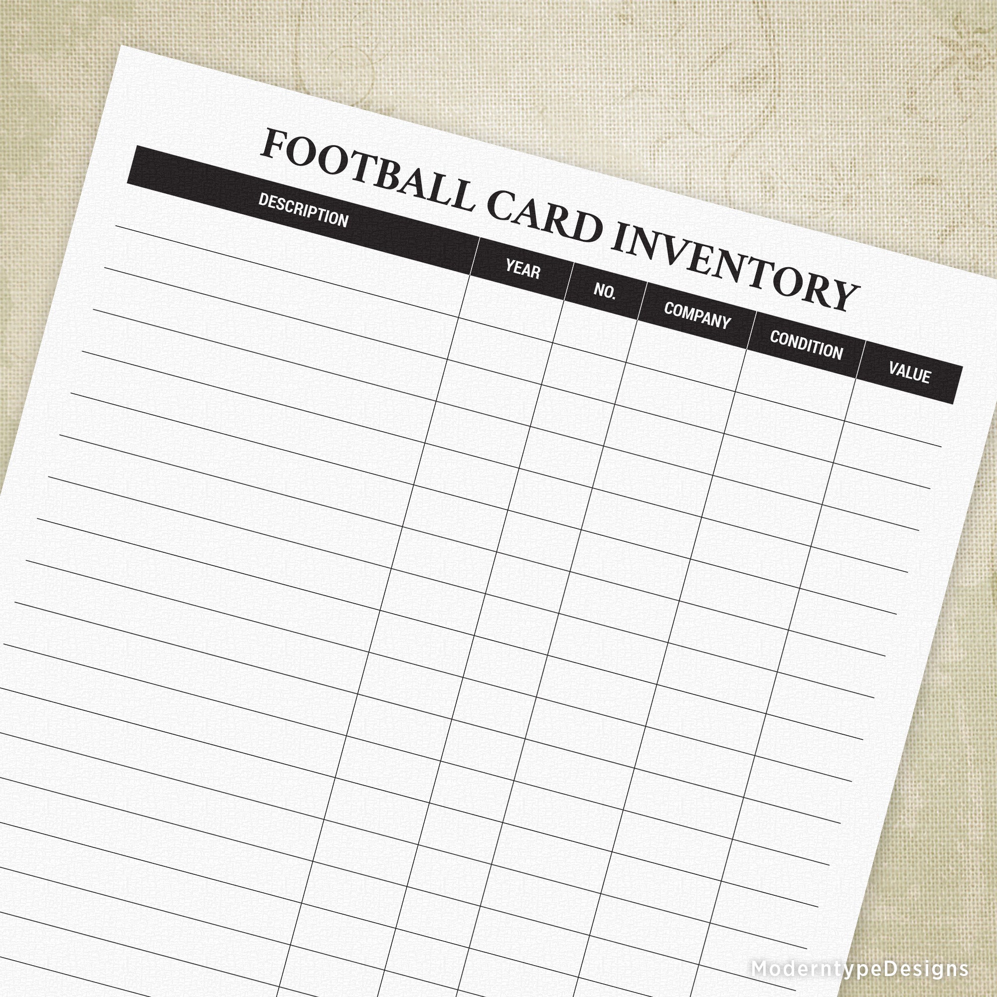Football Card Inventory Printable