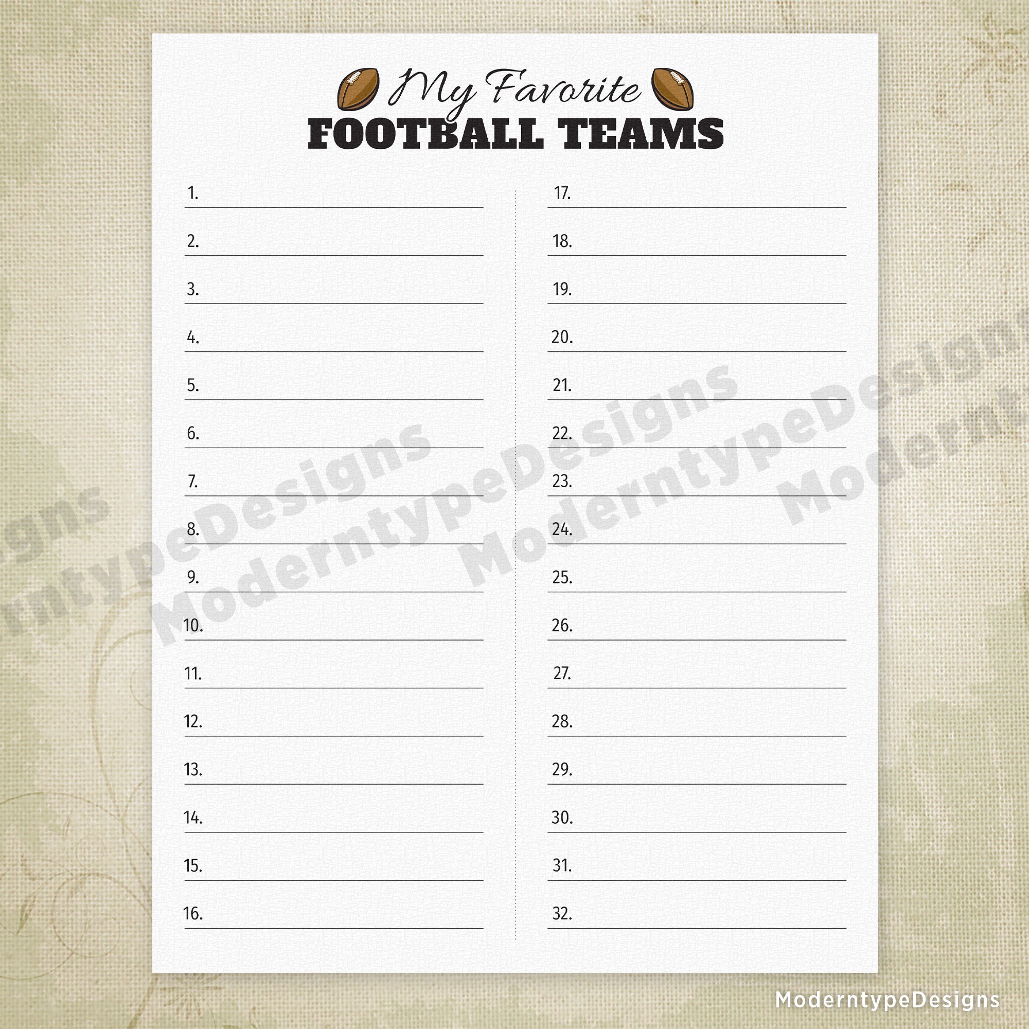 My Favorite Football Teams Printable PDF is an interactive worksheet designed for young football enthusiasts. This customizable chart features space to write in all 32 professional teams, making it an engaging way for kids to track their favorites, learn team names, and organize their preferences.