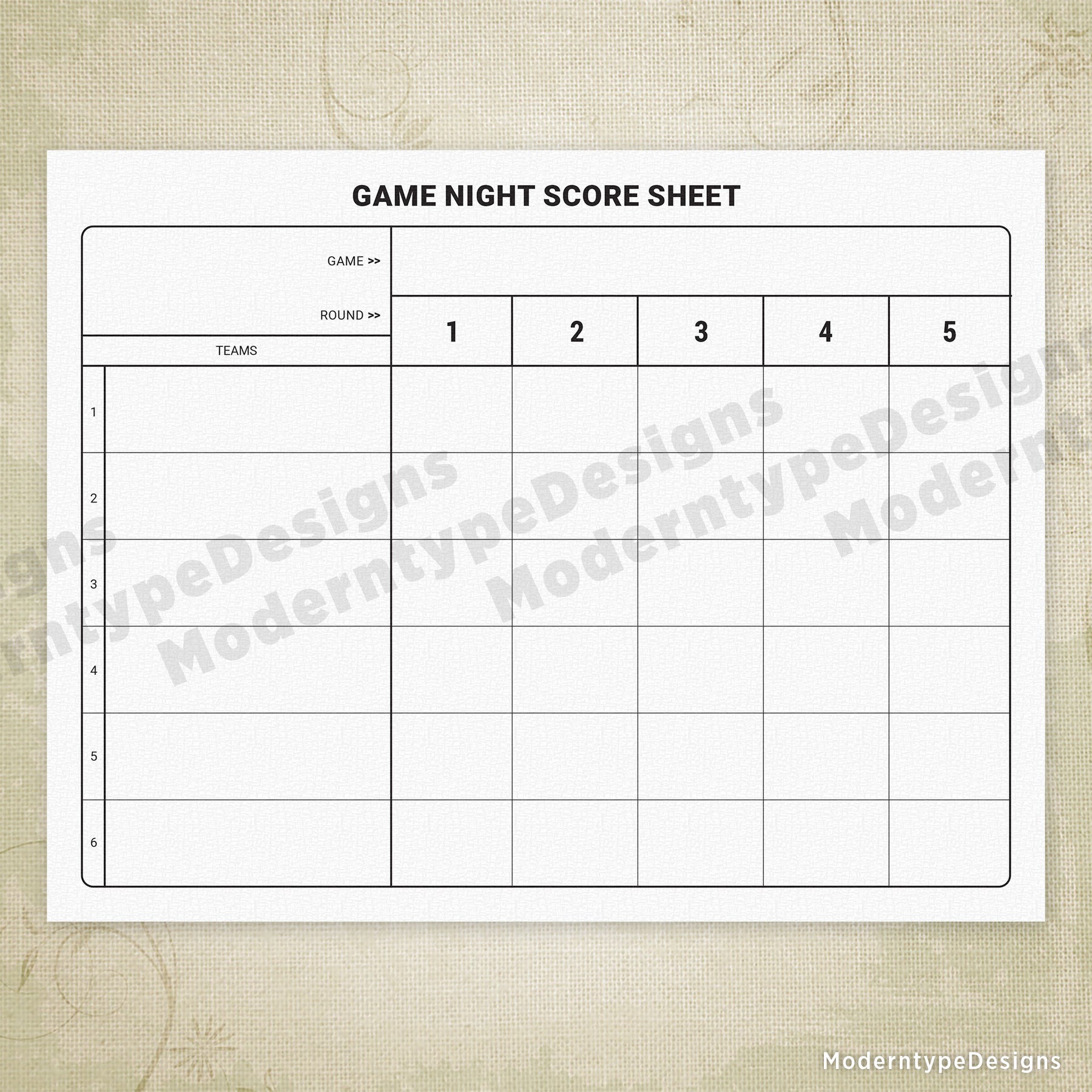 Game Night Score Sheet Printable for Teams