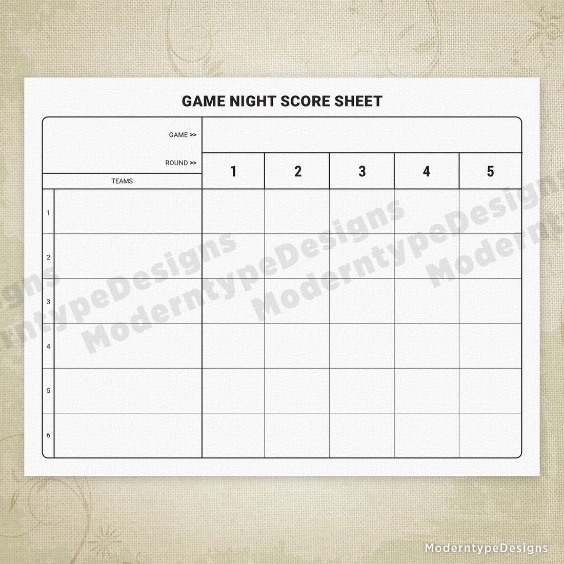 Game Night Score Sheet Printable - for Teams