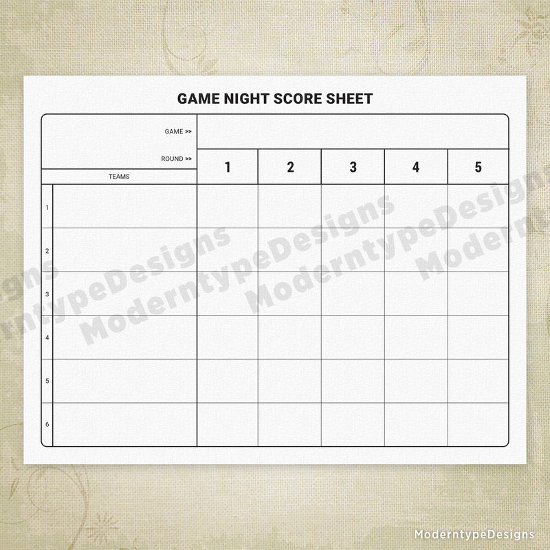 Game Night Score Sheet Printable - for Teams