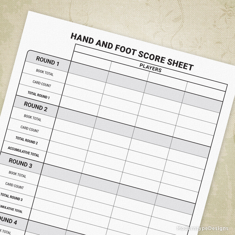 Hand and Foot Score Sheet Printable