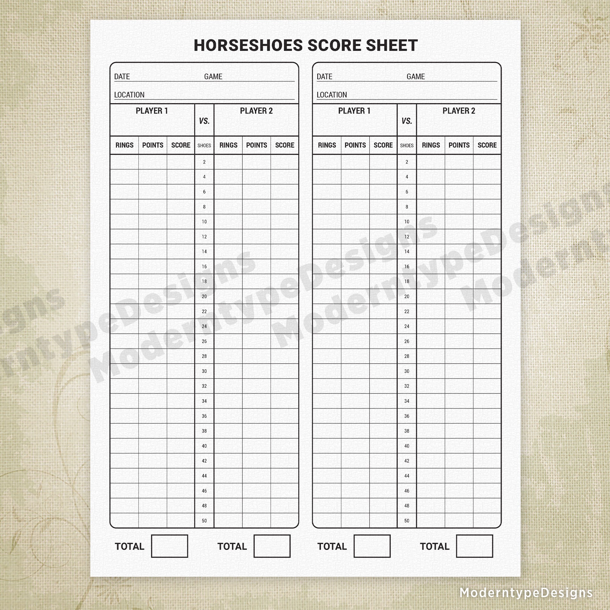 Horseshoes Score Sheet Printable Form