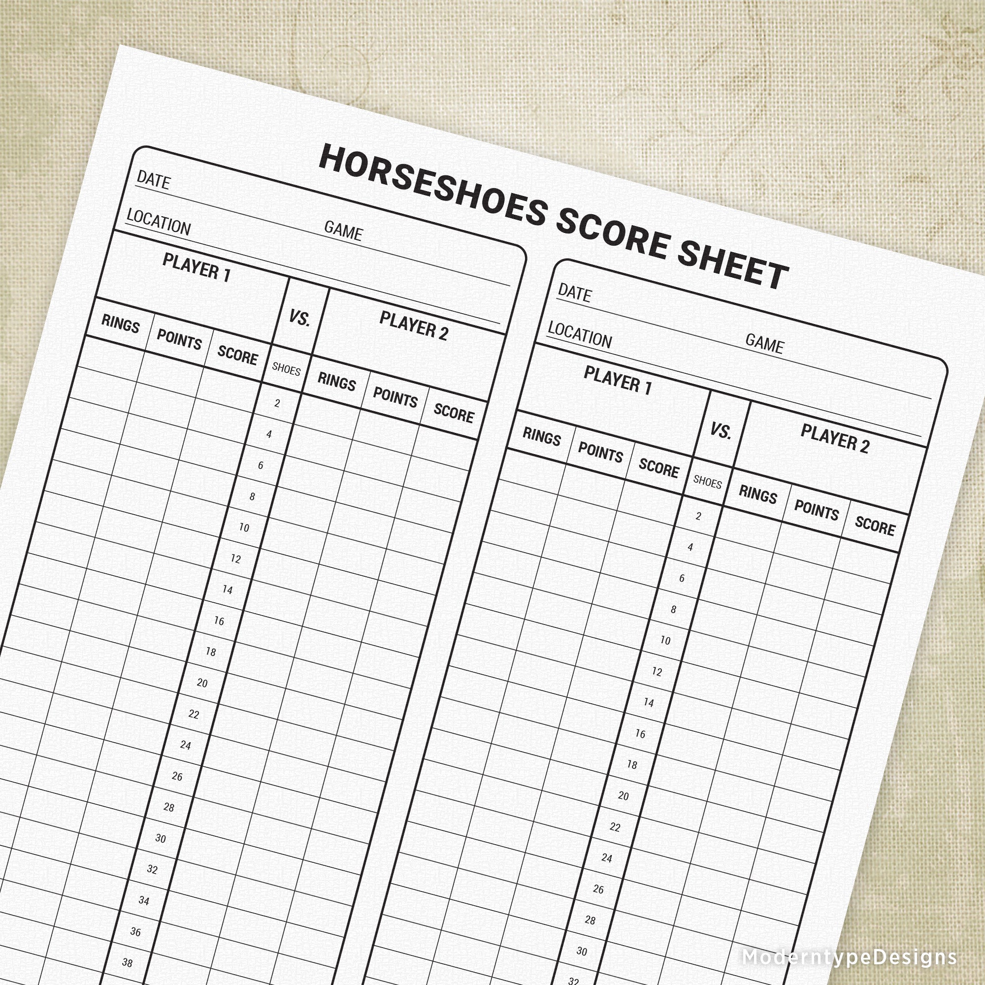 This is for a traditional Horseshoes Score Sheet Printable PDF.