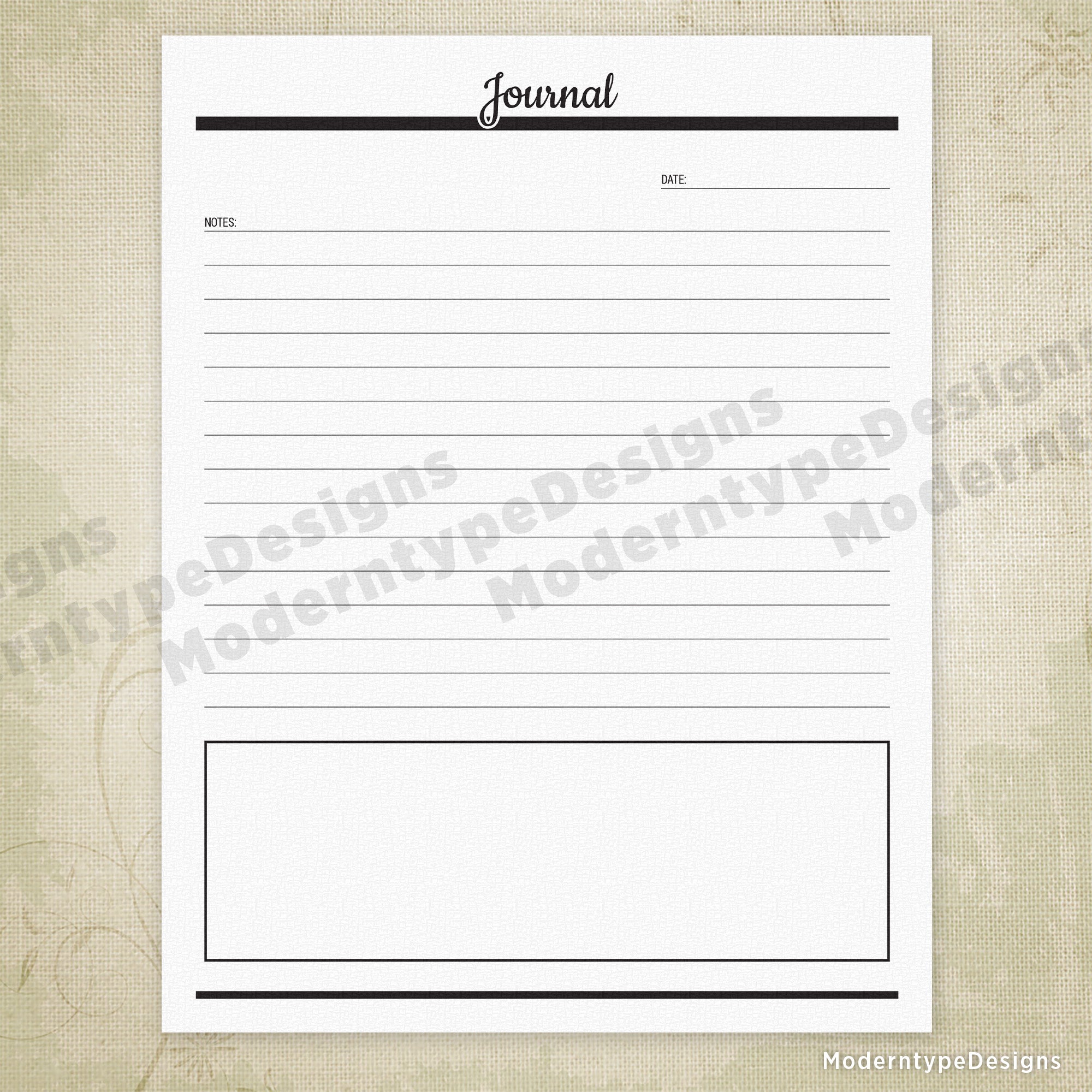 Capture your daily thoughts and priorities with this straightforward journal printable. Each page provides a dedicated section for your notes and an area to add a sketch or important information.