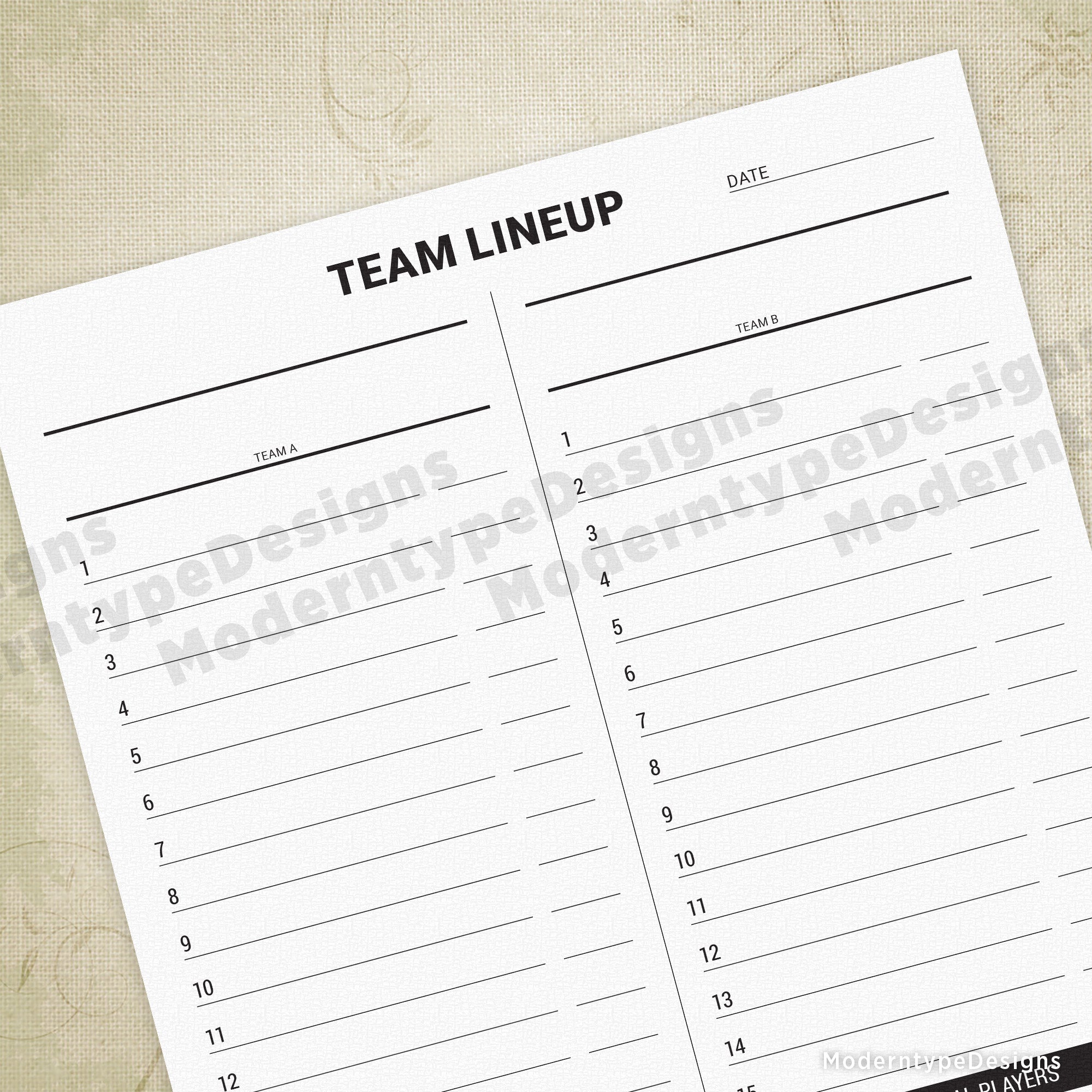 Organize your roster with precision using this customizable Team Lineup List Printable PDF. Designed for coaches and team managers, this template accommodates up to 15 players with dedicated spaces for names and positions or numbers. Additional lines for alternates ensure your complete squad is documented and ready for game day.