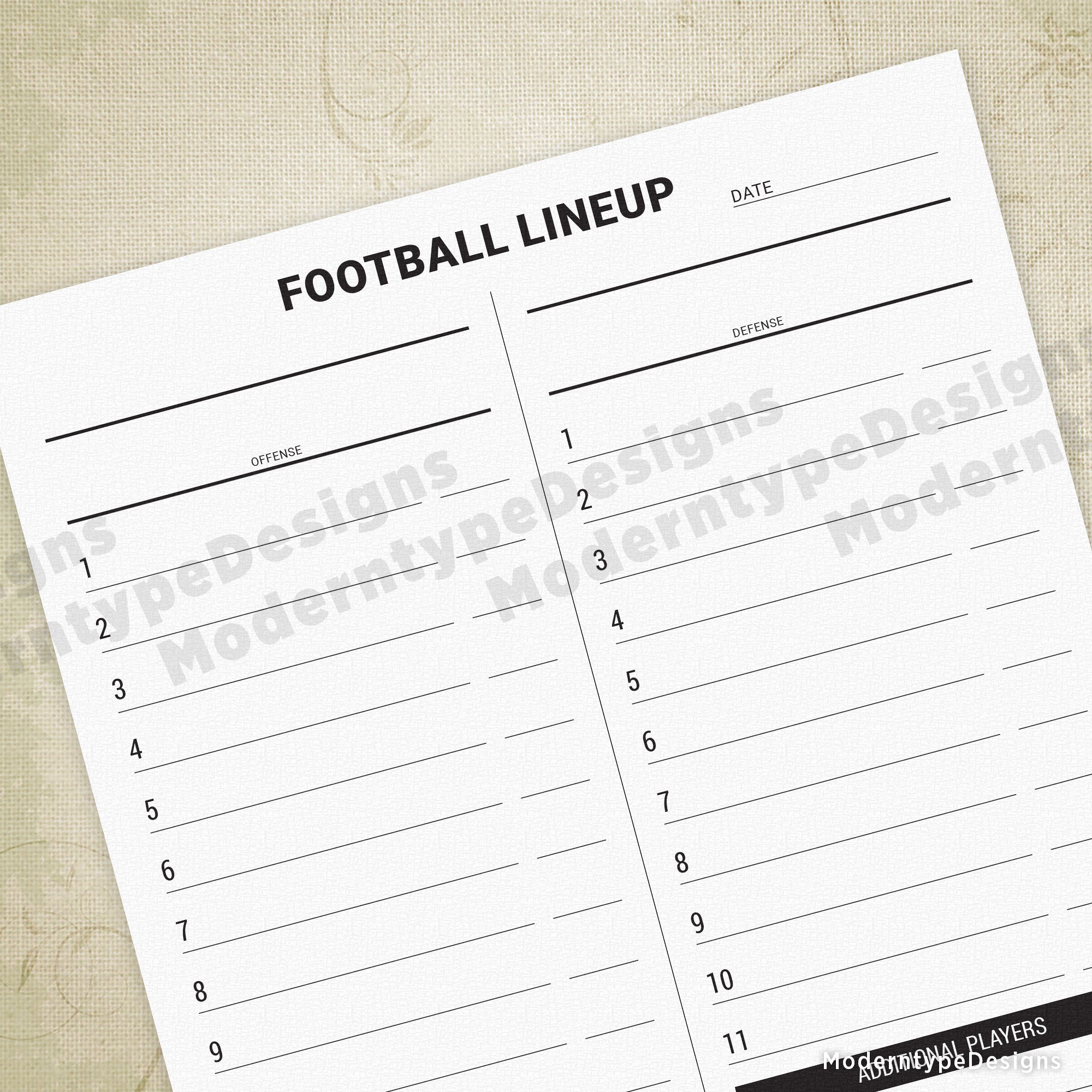 Football Lineup List Printable PDF organizes your team's roster with a professional two-column layout featuring 11 offensive and 11 defensive positions. Dedicated lines for alternate players ensure you're prepared for substitutions and roster changes.