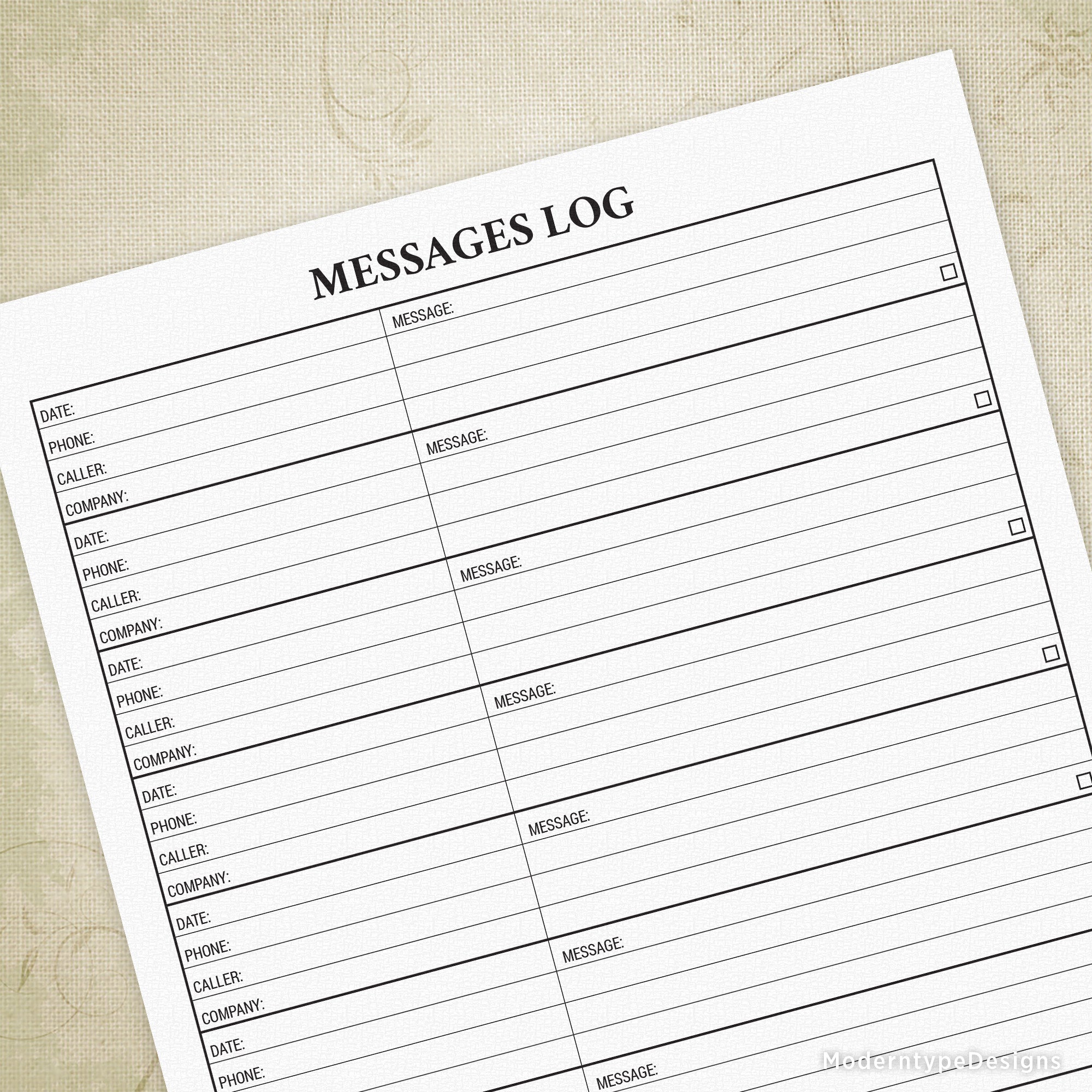 This Messages Log Printable PDF is designed for companies to efficiently record and organize communications by date. Its clear layout allows for easy documentation of message details, helping your team maintain accurate records and streamline follow-ups.&nbsp;
