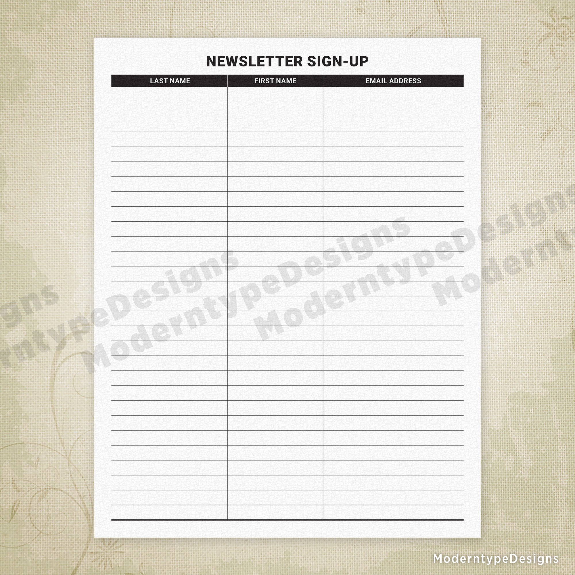 This is a Newsletter Sign-up Printable PDF Form for instant download. Gather an email list of your customers so you can keep them informed!