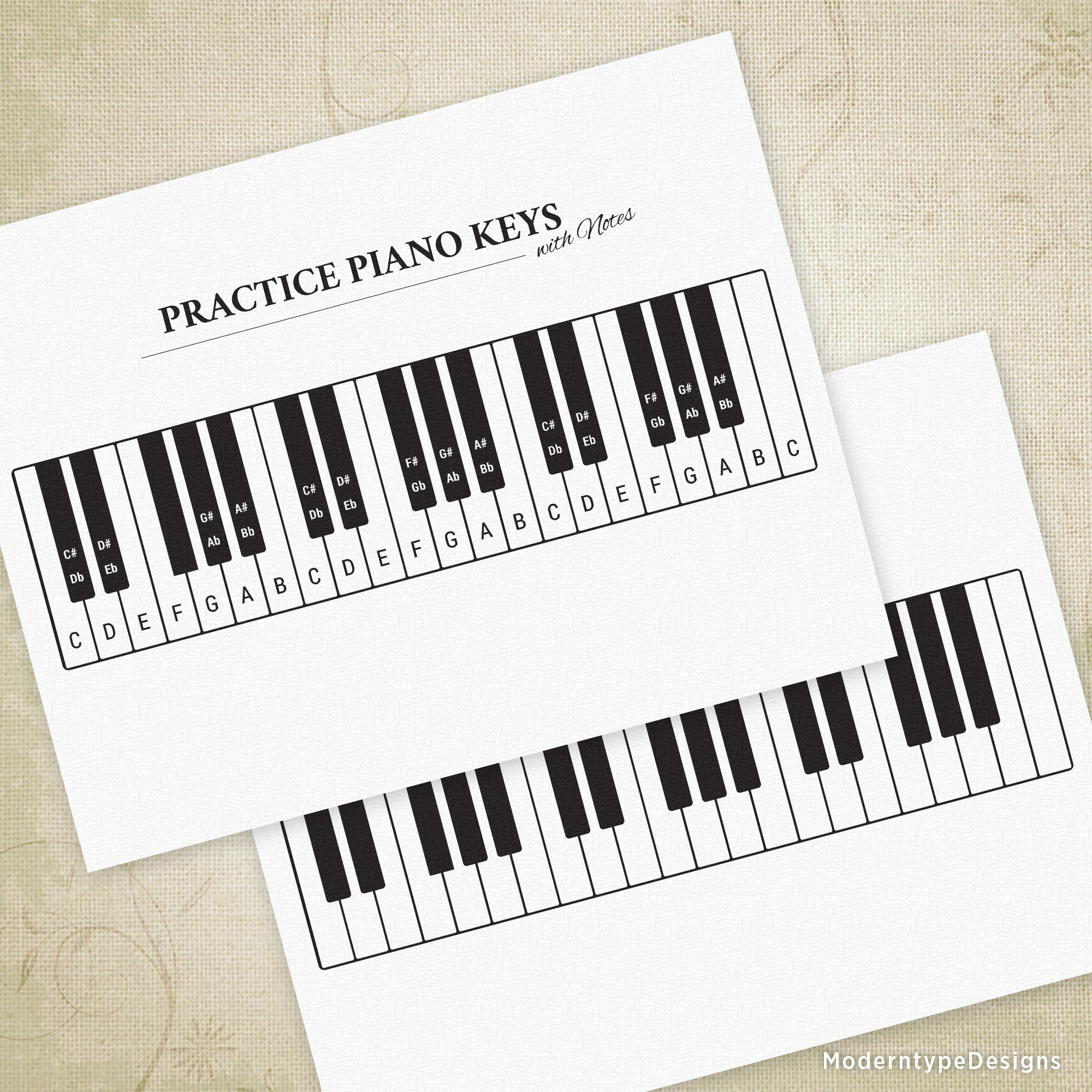 Strengthen music theory comprehension with this comprehensive two-page Practice Piano Keys Printable. Page one displays piano keys with corresponding musical notation, establishing the foundational connection between visual keyboard layout and staff notation. Page two presents an unmarked keyboard template for self-directed practice and skill verification.