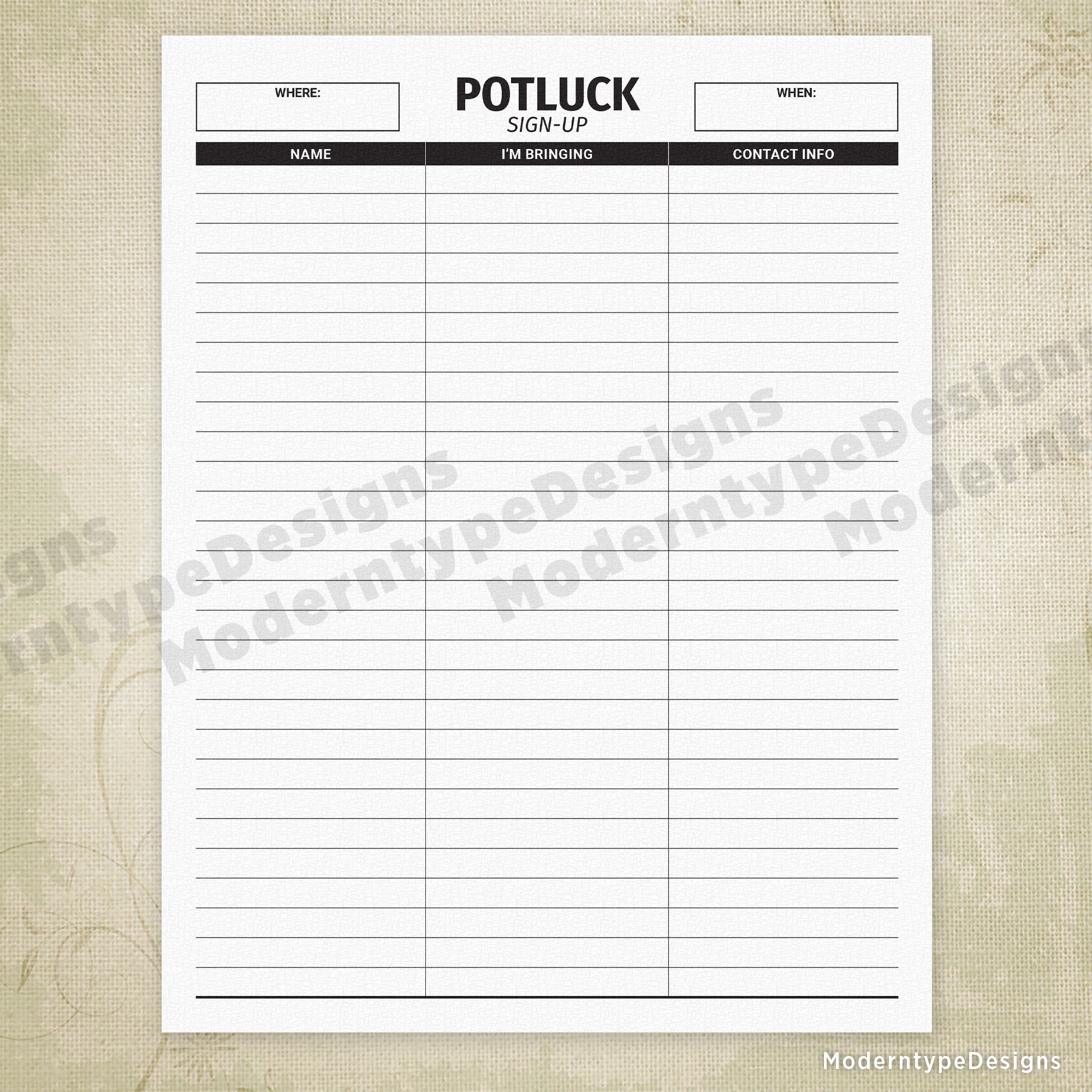 This is a Potluck Sign Up Sheet Printable PDF Form. Great to keep track of who is making what at your next dinner event.