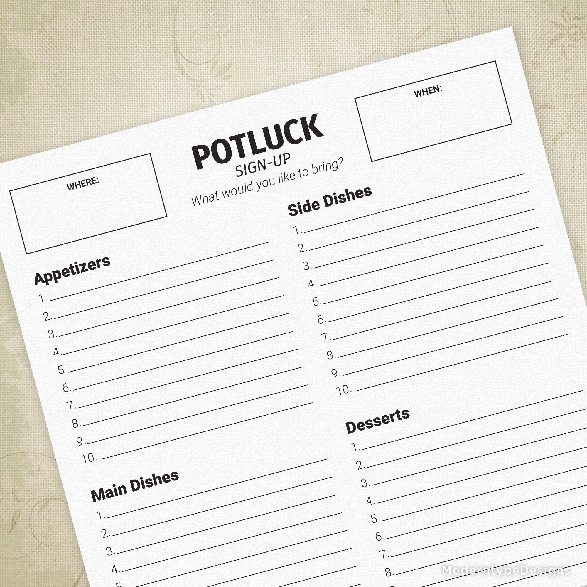 This is a Potluck Dish Sign-up Sheet Printable PDF Form. Great for your volunteers and workers to sign up for what they are bringing.
