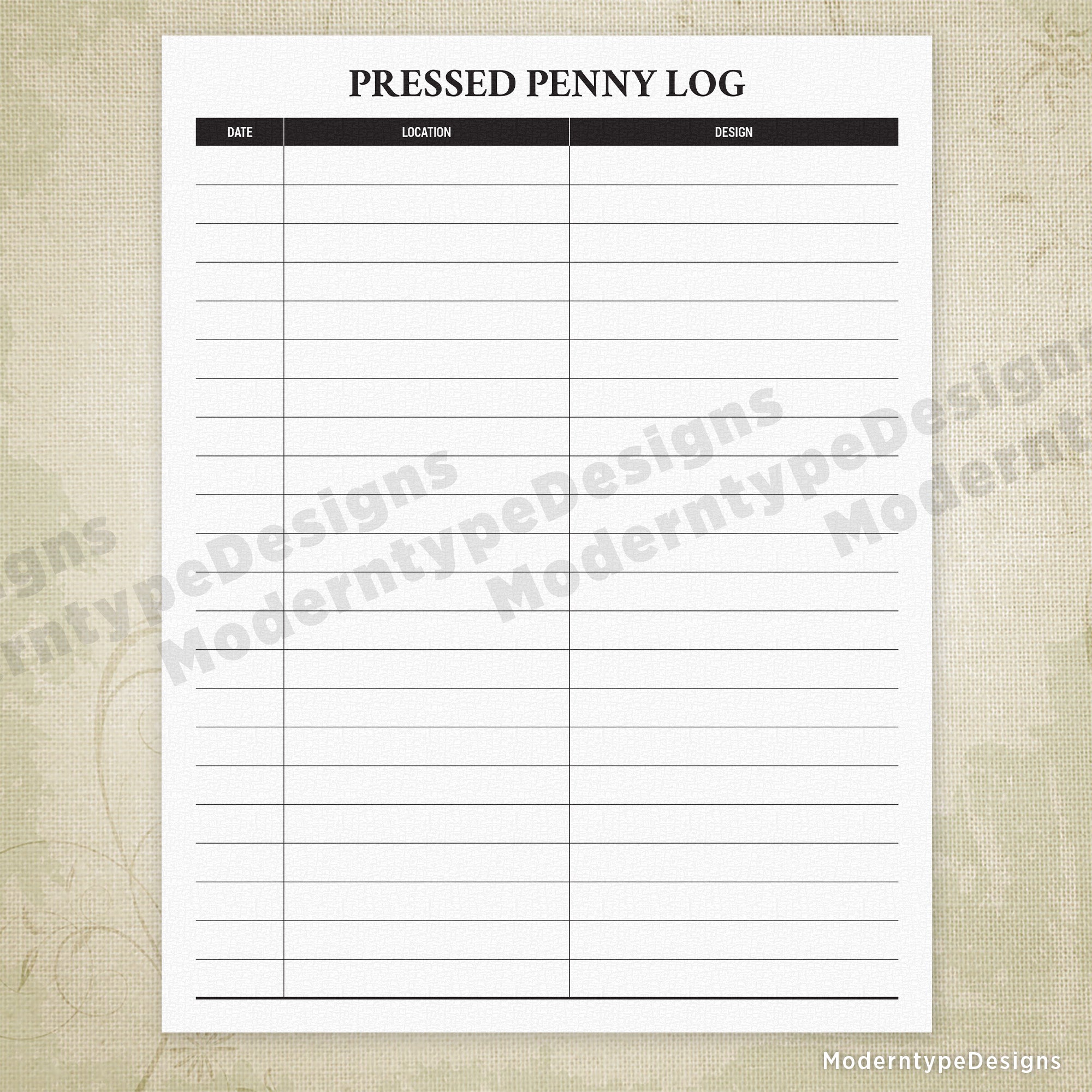 Pressed Penny Log Printable