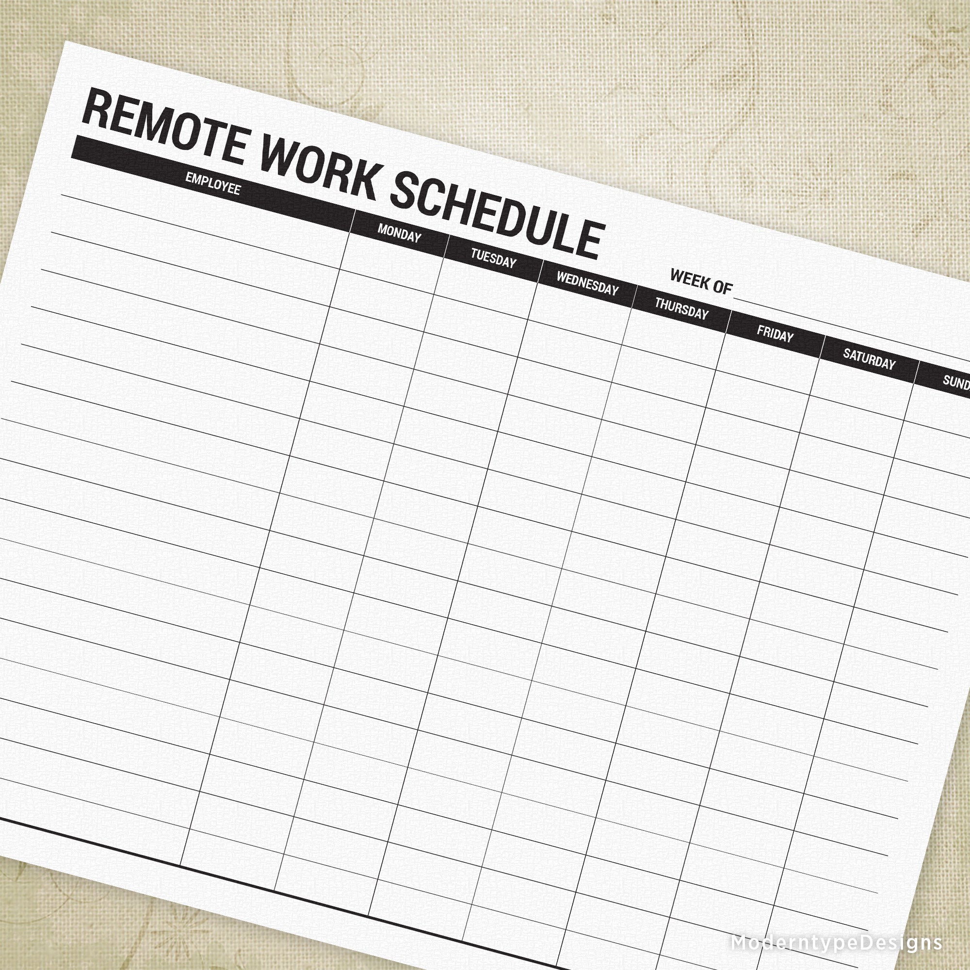 Employee Remote Work Schedule Printable Form (Monday - Sunday)