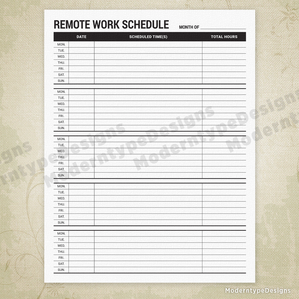 Employee Remote Work Schedule Printable Form (Monday - Sunday)