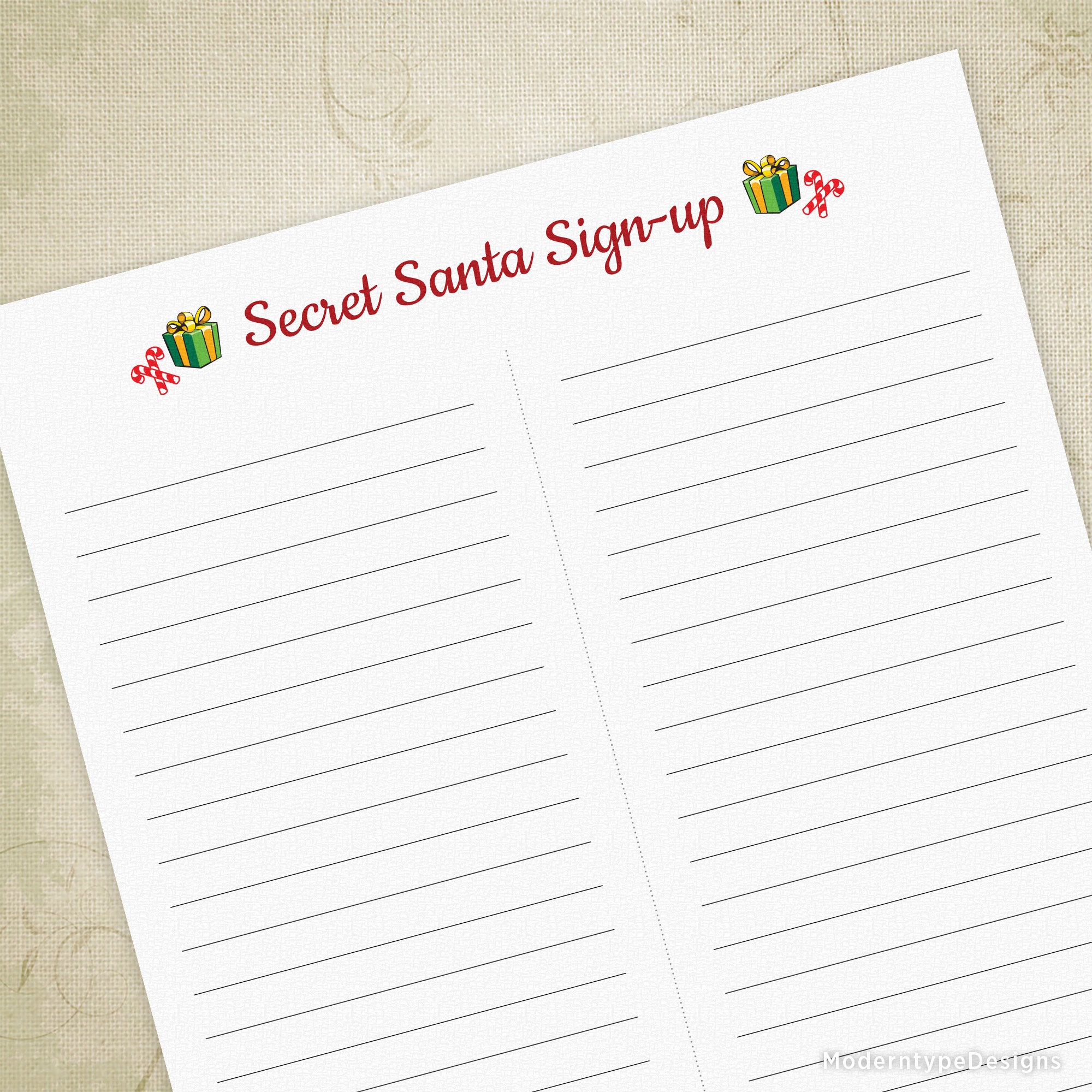 Streamline your office Secret Santa exchange with this ready-to-print Secret Santa Sign-up Printable Form PDF. Designed to accommodate large groups, simply download, print, and distribute to your team.