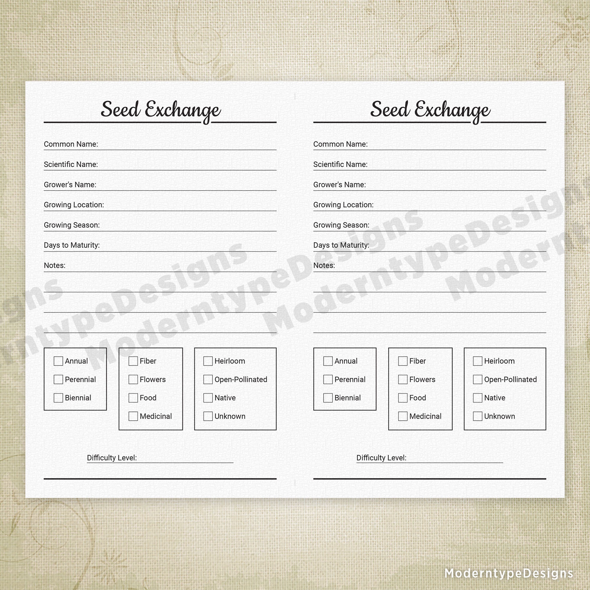 This Seed Exchange Printable PDF is designed at 5.5 x 8.5 inches, perfectly sized as a half sheet for easy handling. It features structured lines to record essential details such as scientific name, growing season, and difficulty level, helping gardeners keep their seed swaps organized and efficient. 