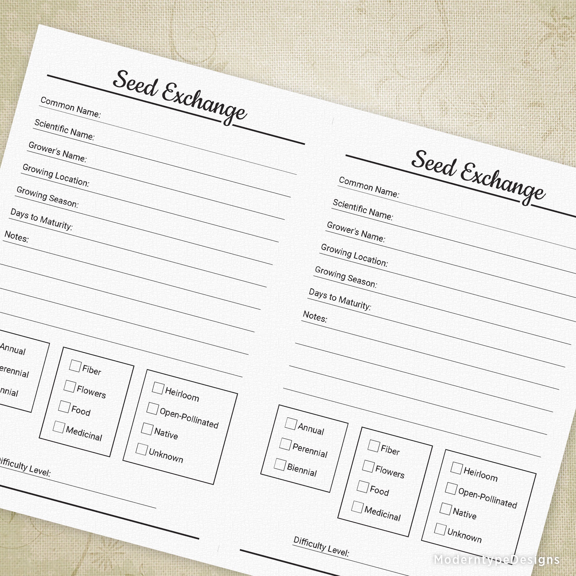 This Seed Exchange Printable PDF is designed at 5.5 x 8.5 inches, perfectly sized as a half sheet for easy handling. It features structured lines to record essential details such as scientific name, growing season, and difficulty level, helping gardeners keep their seed swaps organized and efficient. 